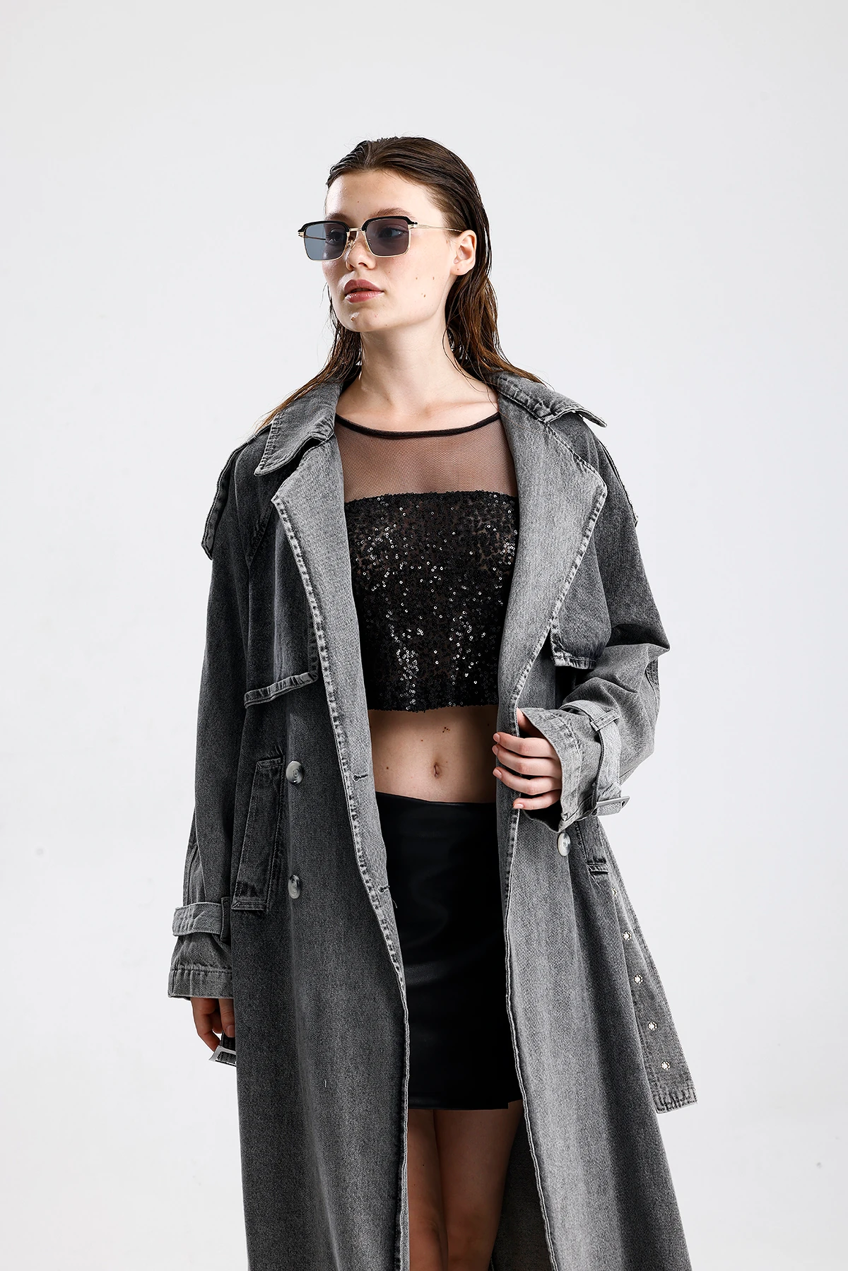 Oversize Kuşaklı Uzun Denim Trençkot