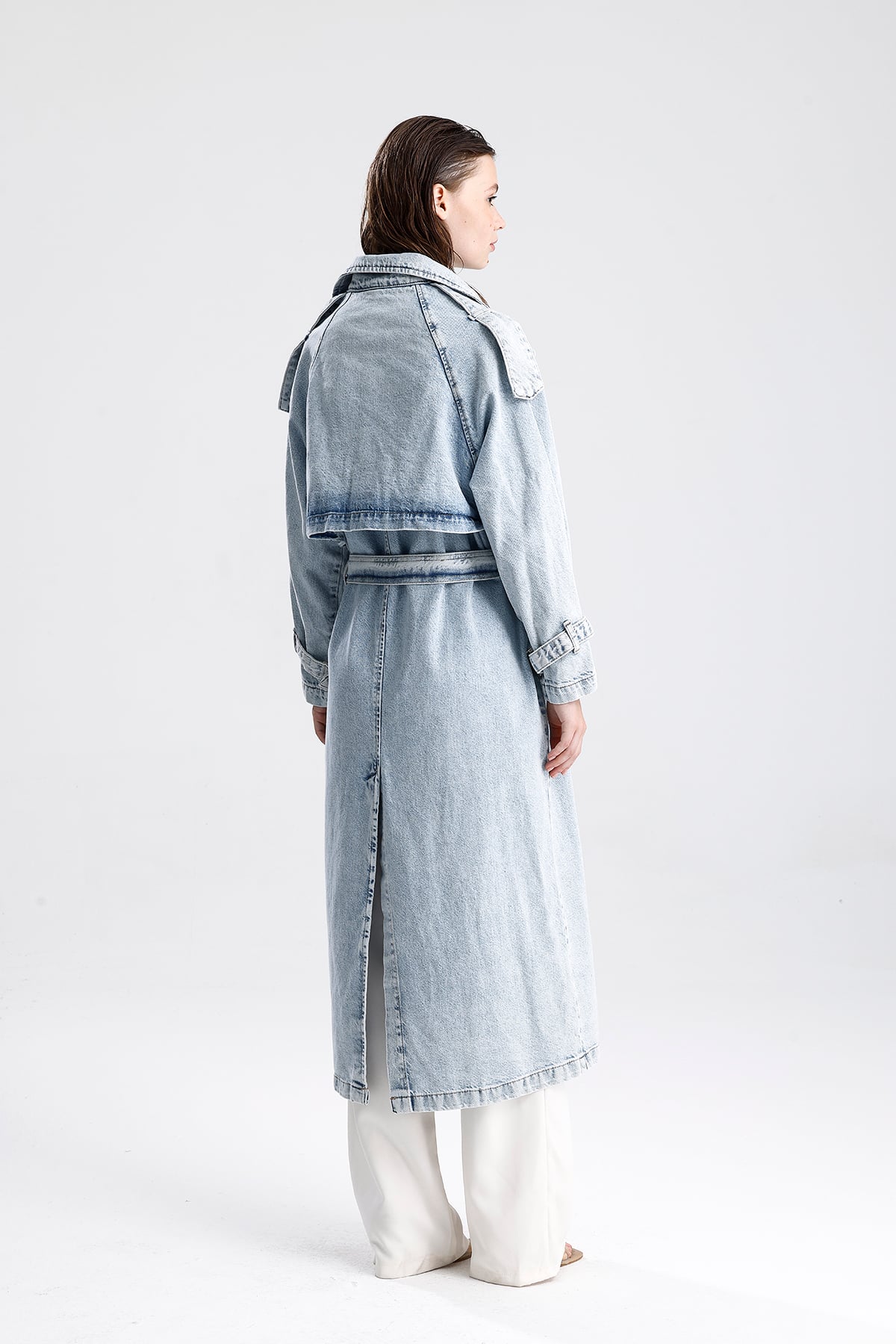Oversize Kuşaklı Uzun Denim Trençkot