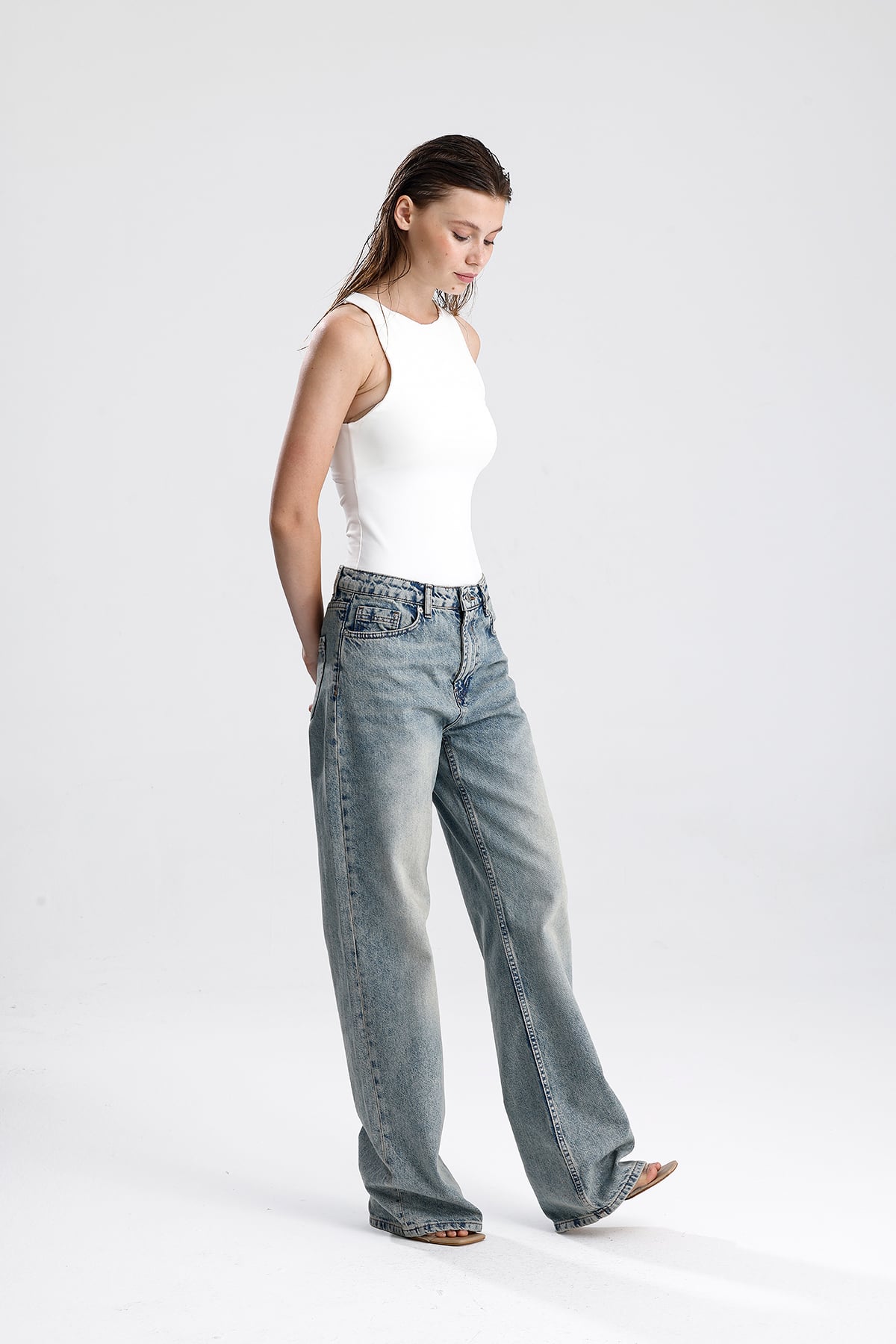 Kadın Geniş Paça Pamuk Denim Pantolon