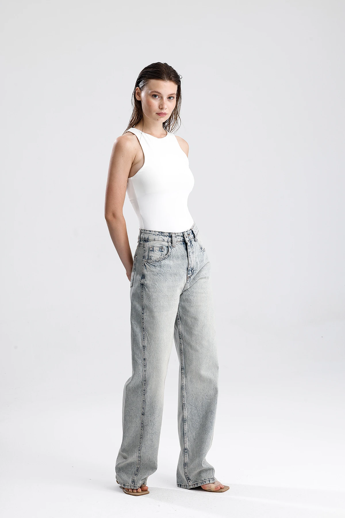 Kadın Geniş Paça Yüksek Bel Denim Pantolon