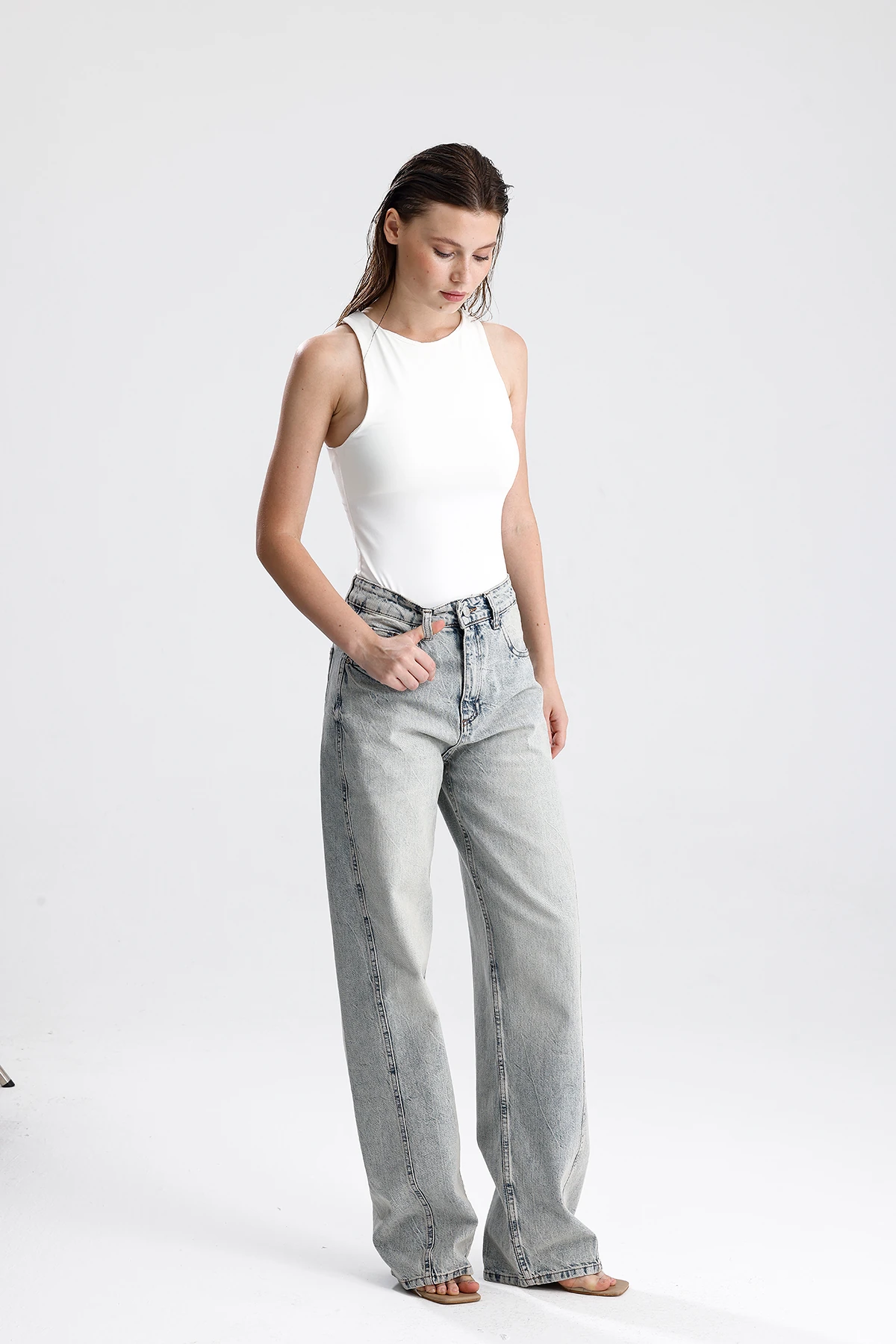 Kadın Geniş Paça Yüksek Bel Denim Pantolon