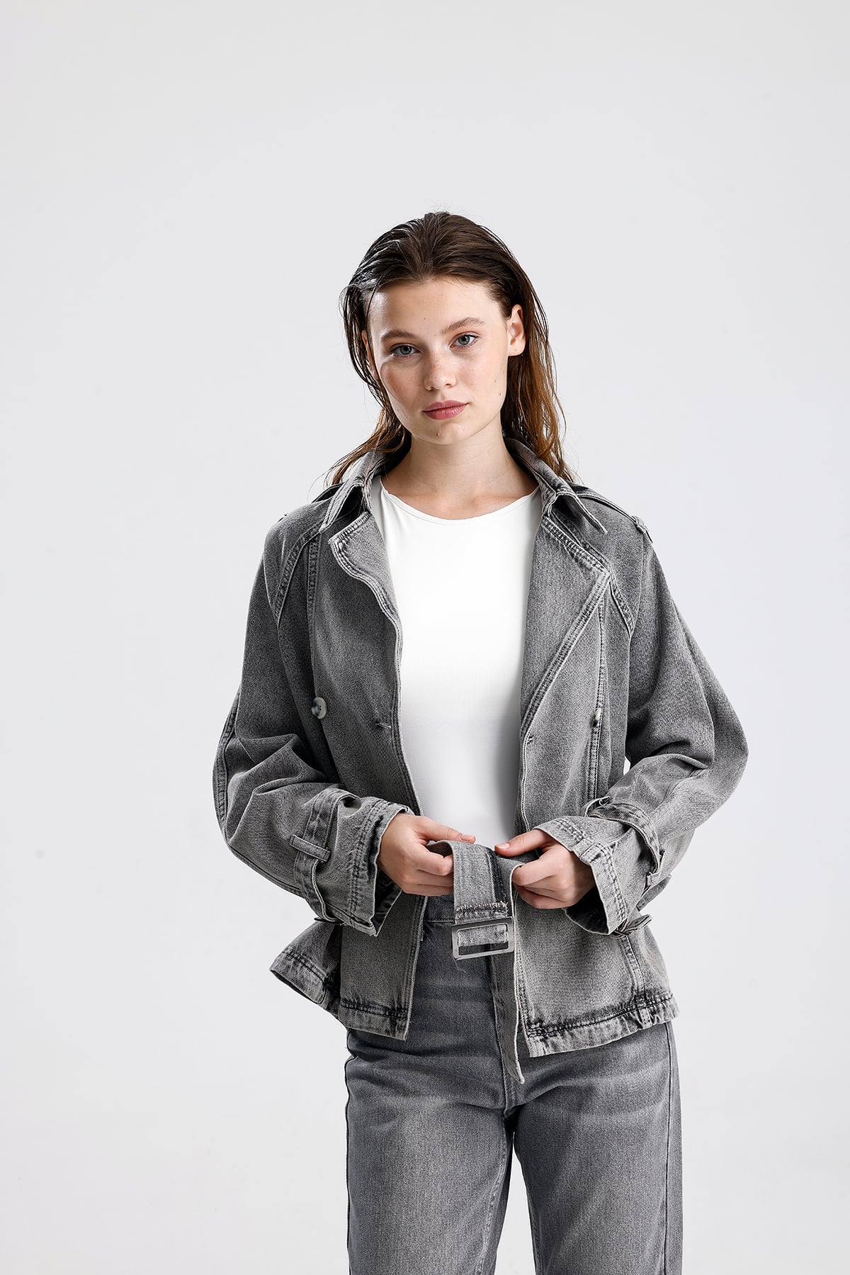 Gri Oversize Kemerli Denim Ceket