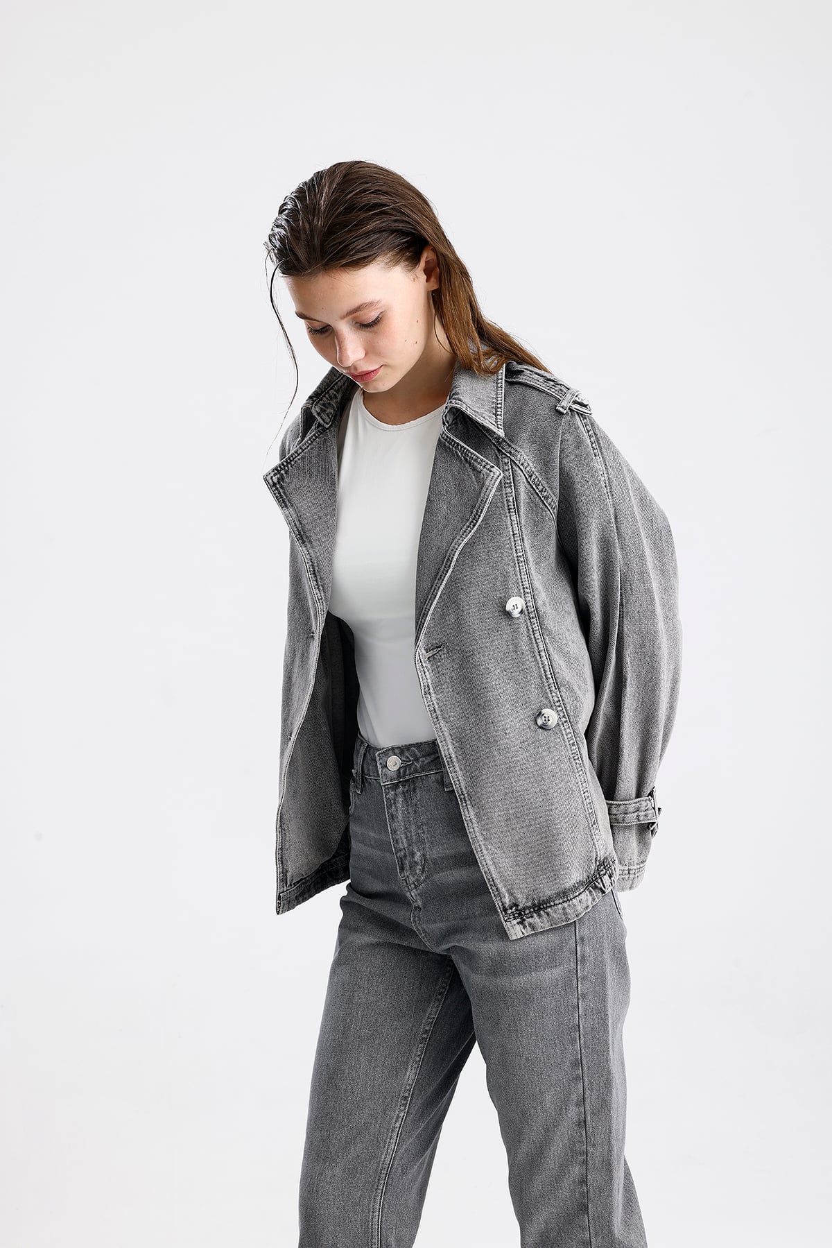Gri Oversize Kemerli Denim Ceket