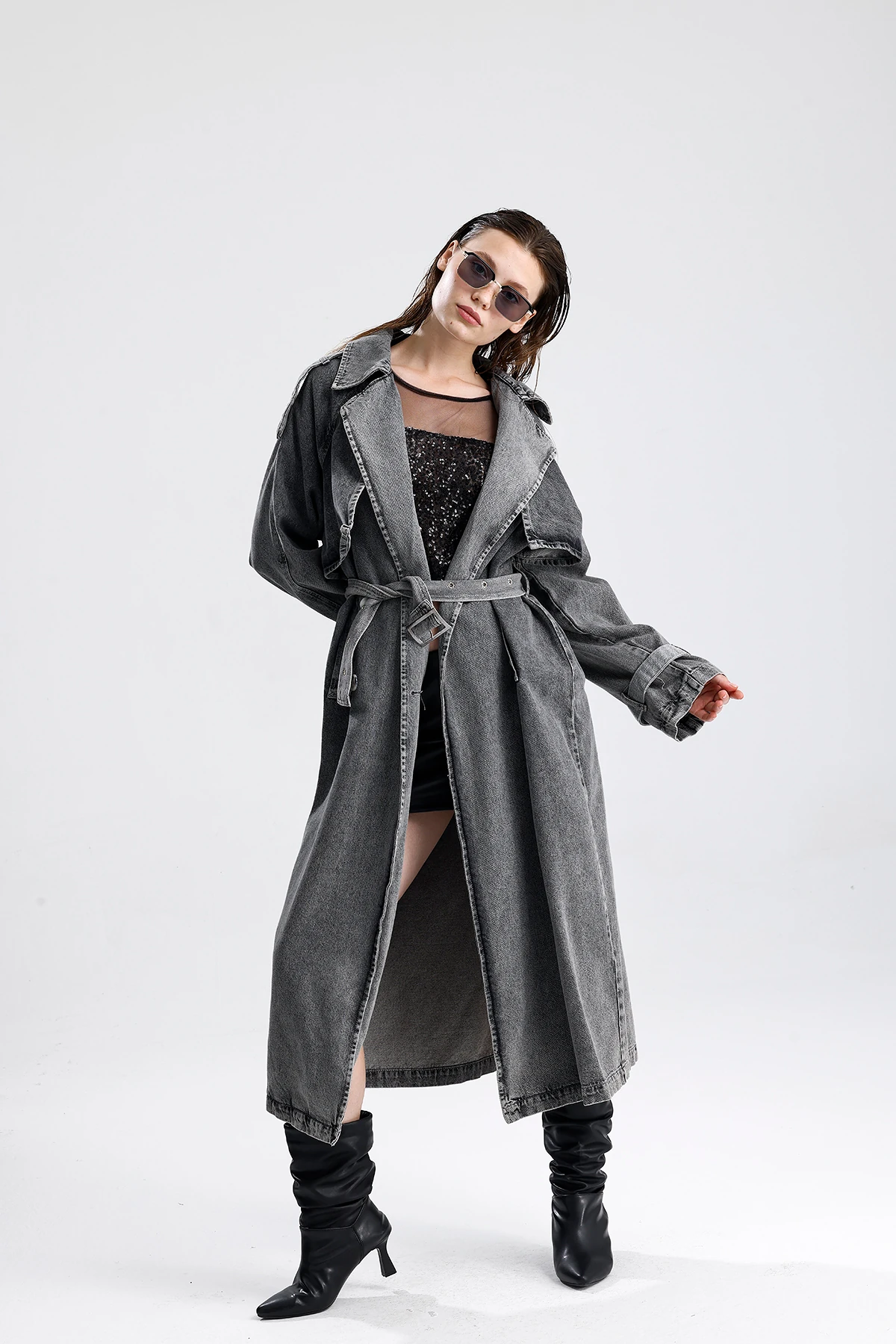 Oversize Kuşaklı Uzun Denim Trençkot