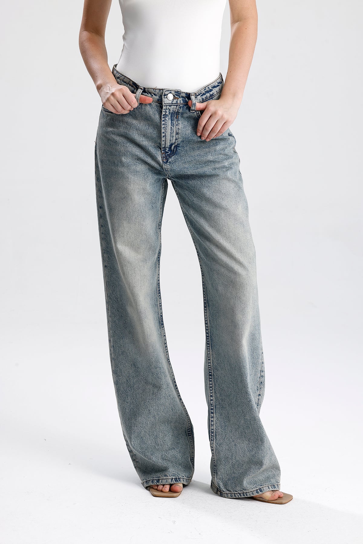 Kadın Geniş Paça Pamuk Denim Pantolon