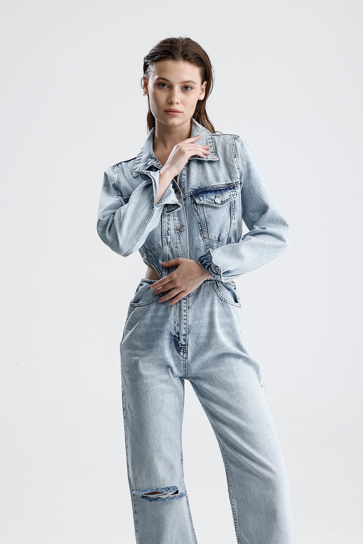 Kadın Bel Detaylı Geniş Paça Denim Tulum