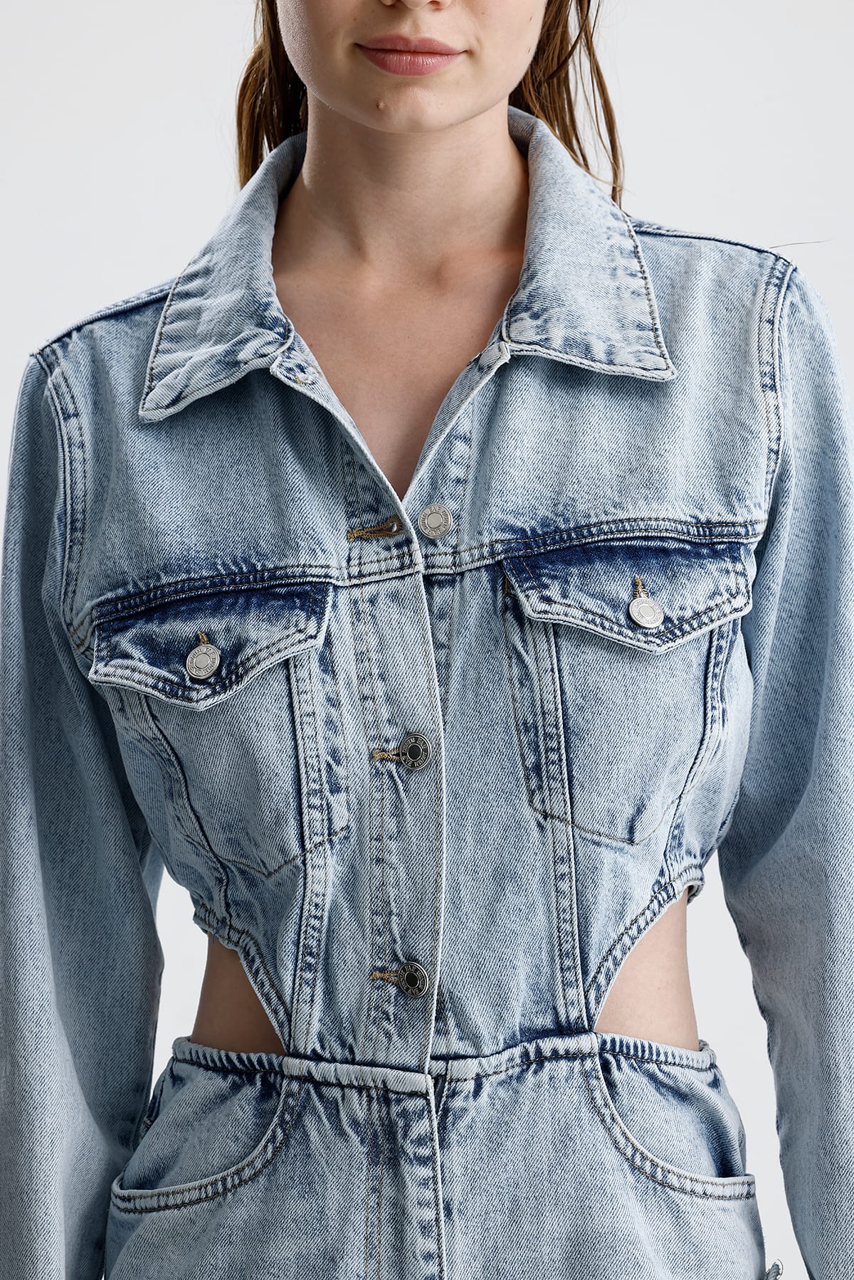 Kadın Bel Detaylı Geniş Paça Denim Tulum
