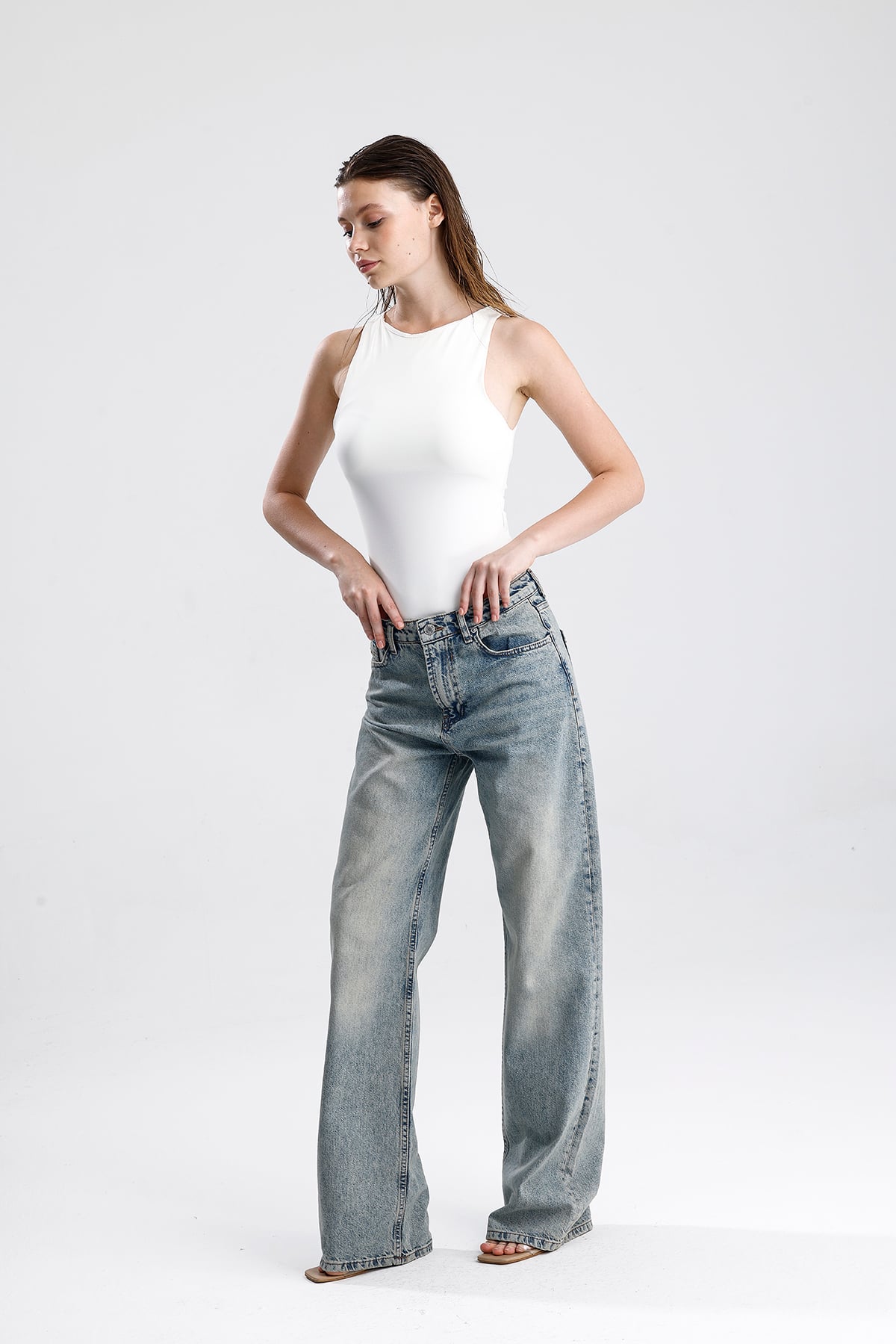 Kadın Geniş Paça Pamuk Denim Pantolon