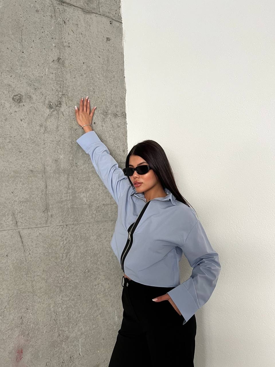 Kadın Fermuar Detaylı Mavi Crop Gömlek
