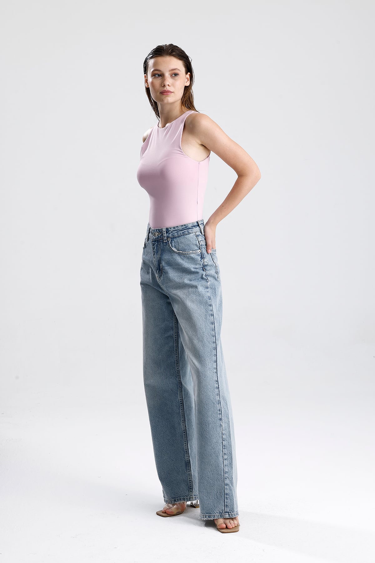 Yüksek Bel Bol Paça Denim Pantolon