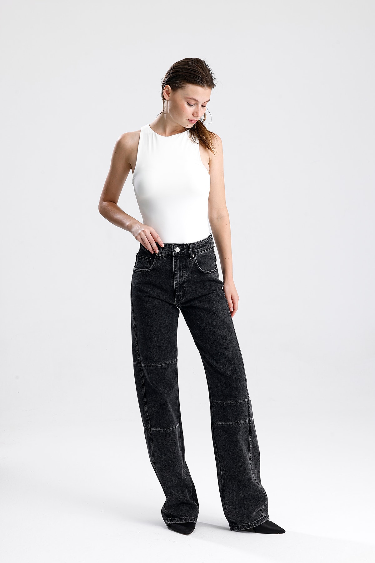 Kadın Yüksek Bel Dikiş Detaylı Denim Pantolon