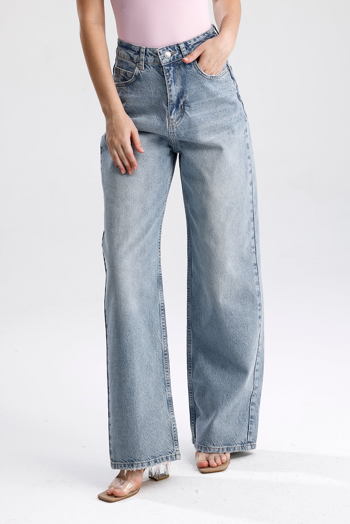 Yüksek Bel Bol Paça Denim Pantolon
