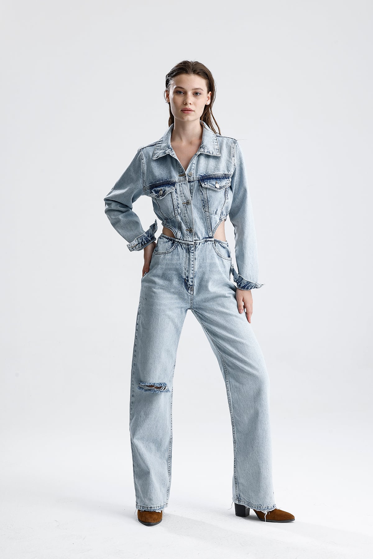 Kadın Bel Detaylı Geniş Paça Denim Tulum