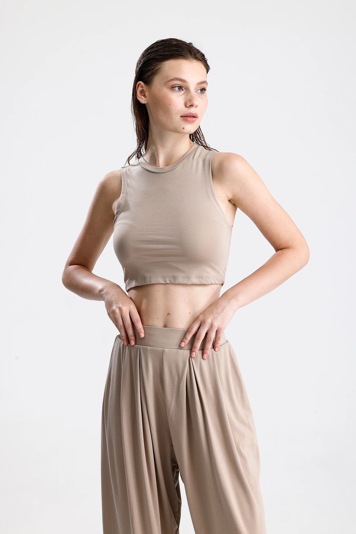 Düz Kesim Yüksek Yaka Kolsuz Crop Top