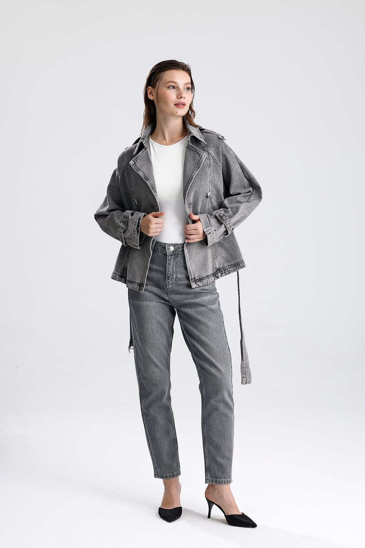 Gri Oversize Kemerli Denim Ceket
