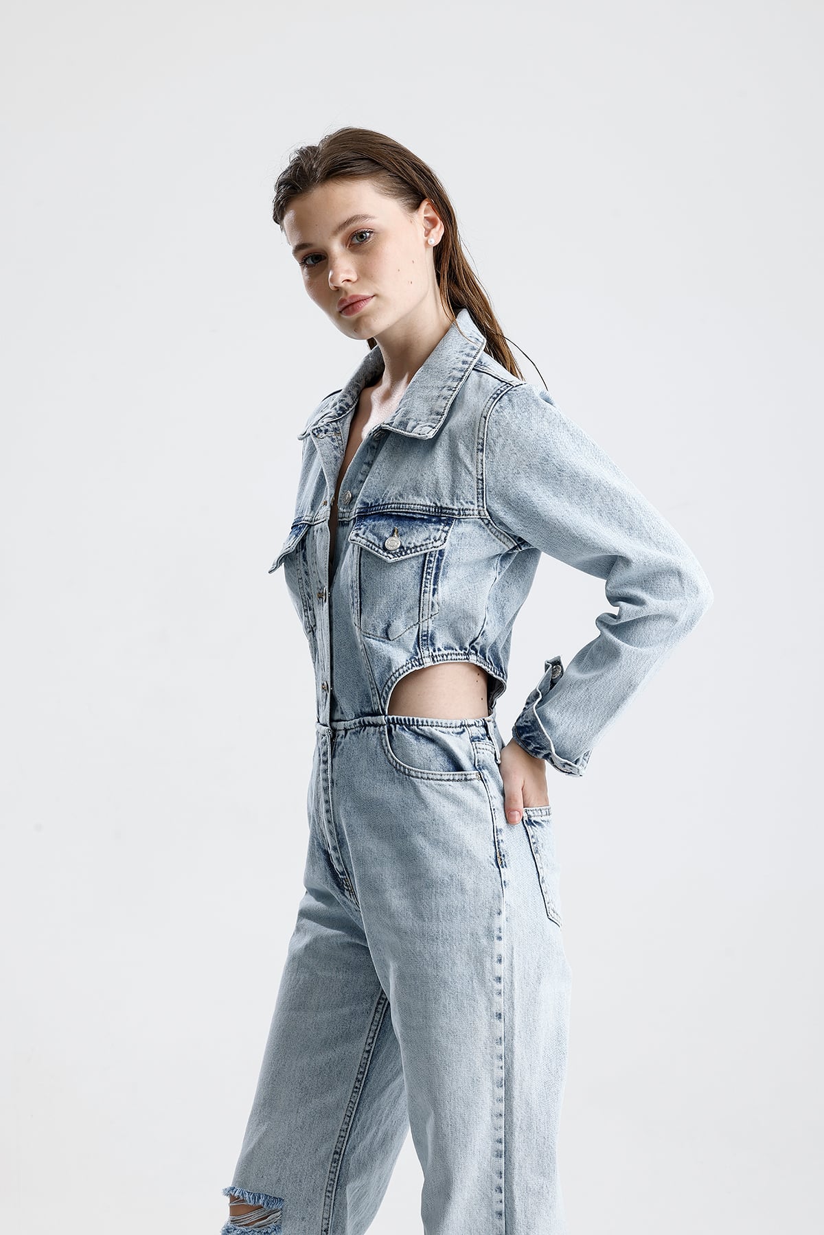 Kadın Bel Detaylı Geniş Paça Denim Tulum