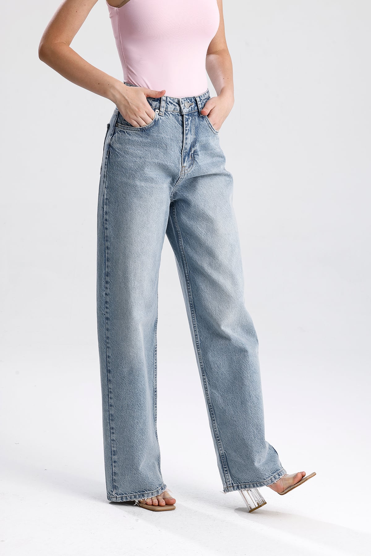 Yüksek Bel Bol Paça Denim Pantolon