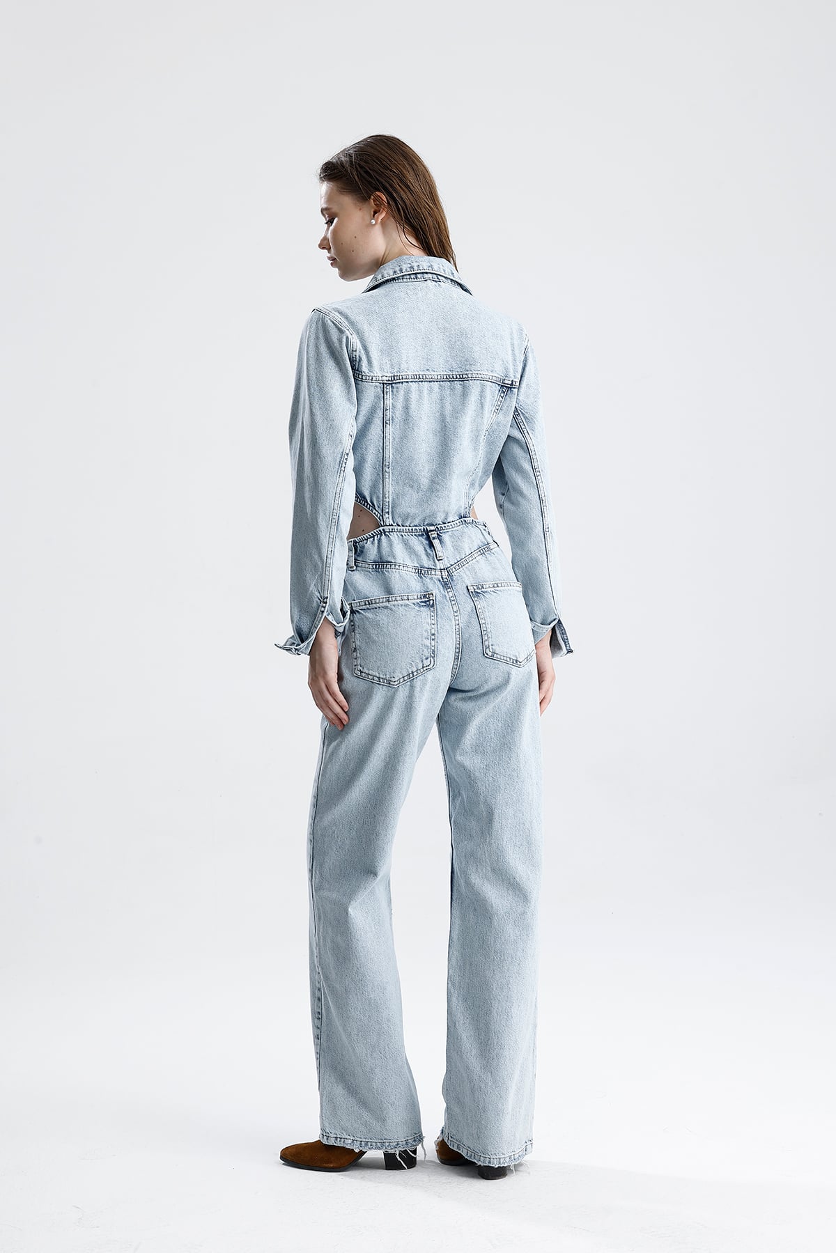 Kadın Bel Detaylı Geniş Paça Denim Tulum