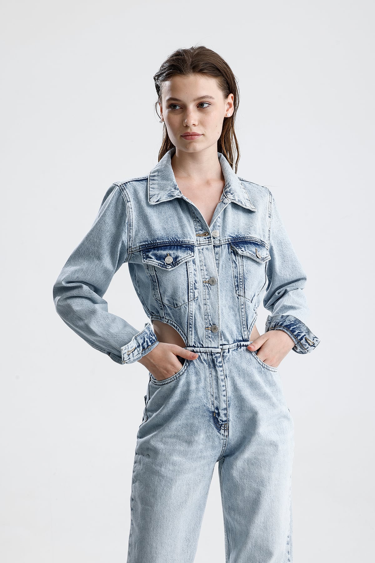 Kadın Bel Detaylı Geniş Paça Denim Tulum