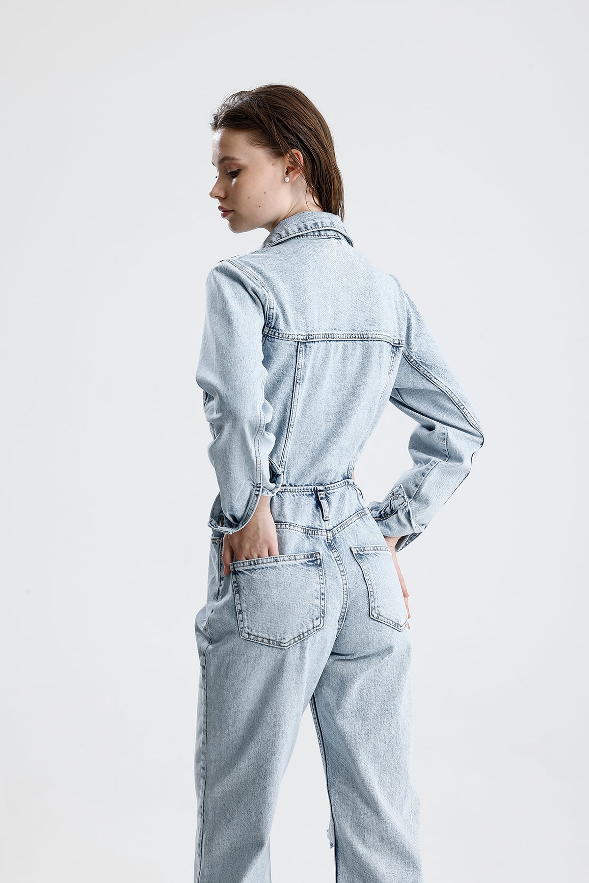 Kadın Bel Detaylı Geniş Paça Denim Tulum
