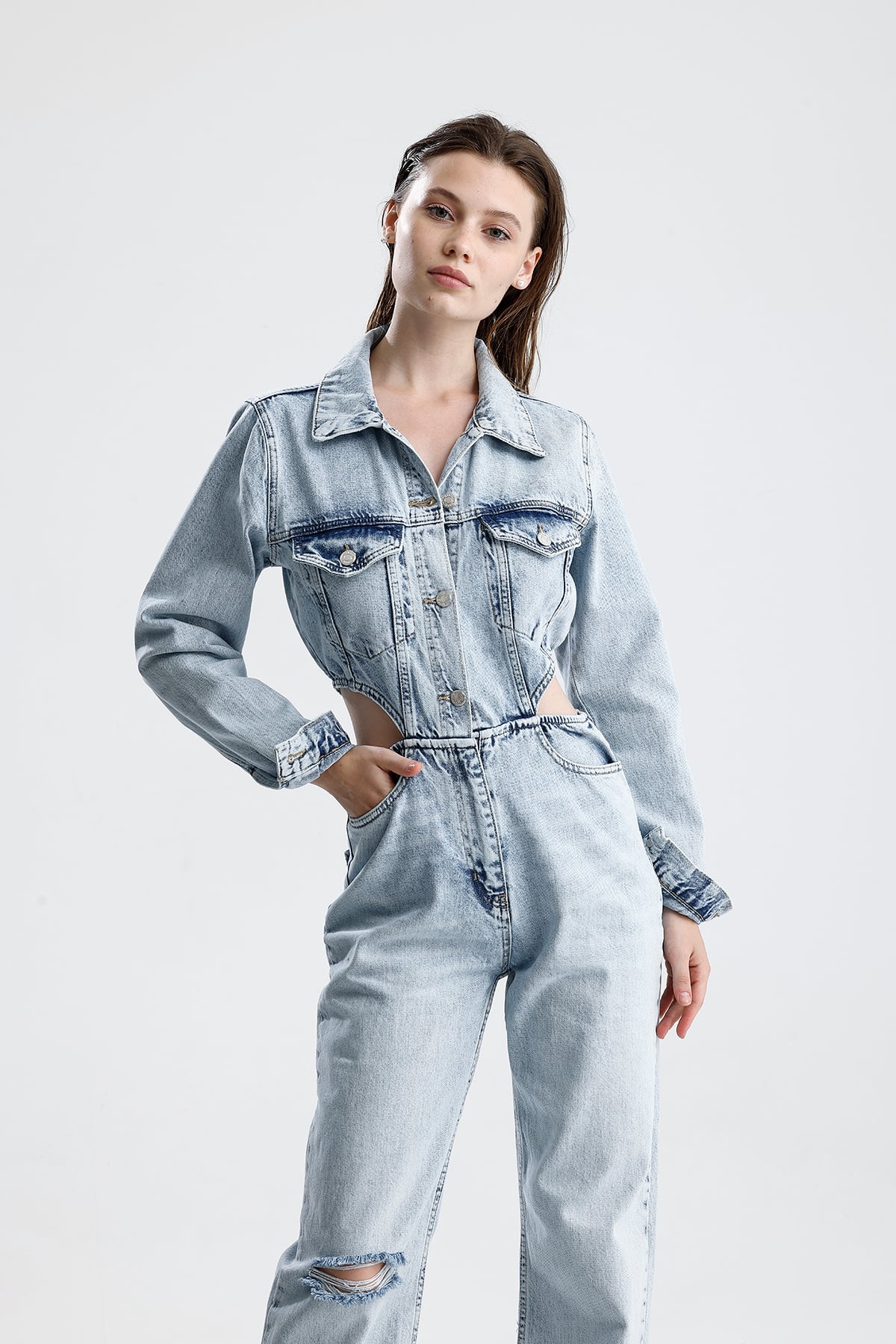 Kadın Bel Detaylı Geniş Paça Denim Tulum