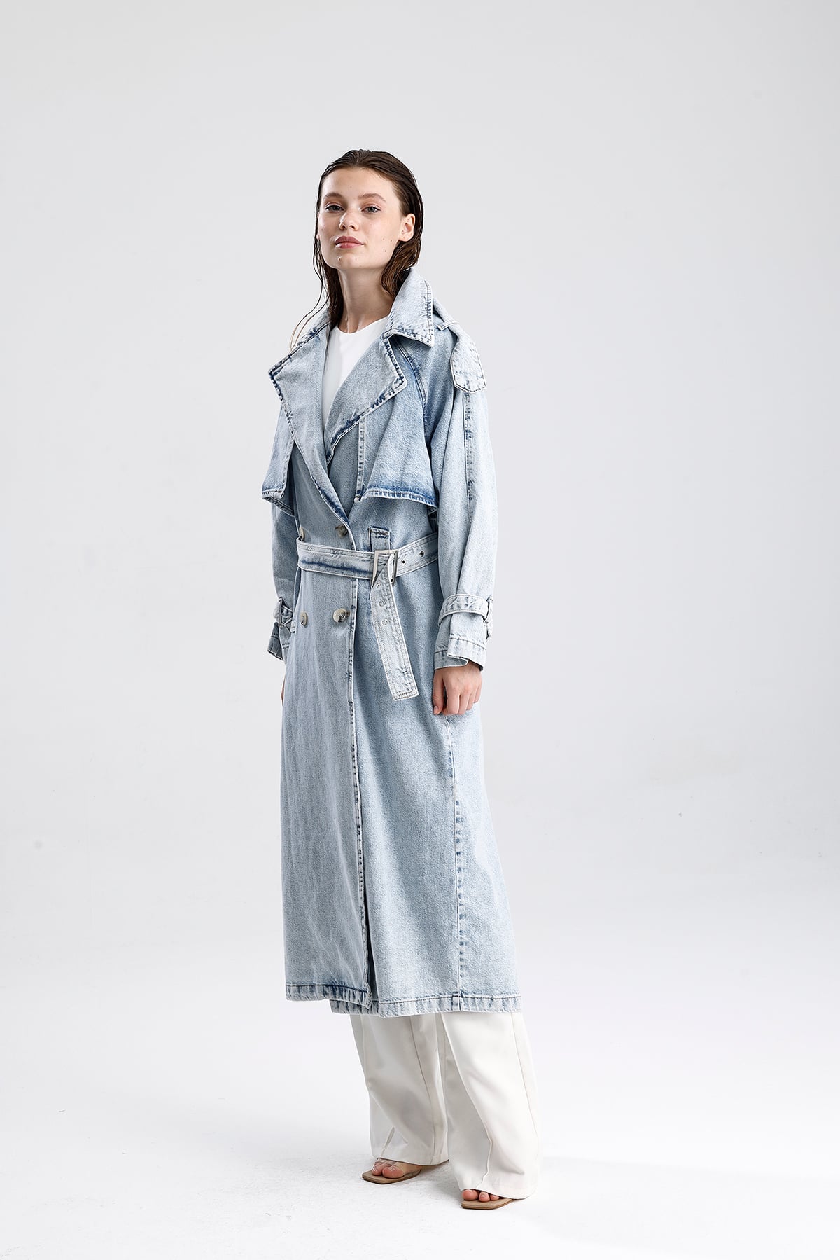Oversize Kuşaklı Uzun Denim Trençkot