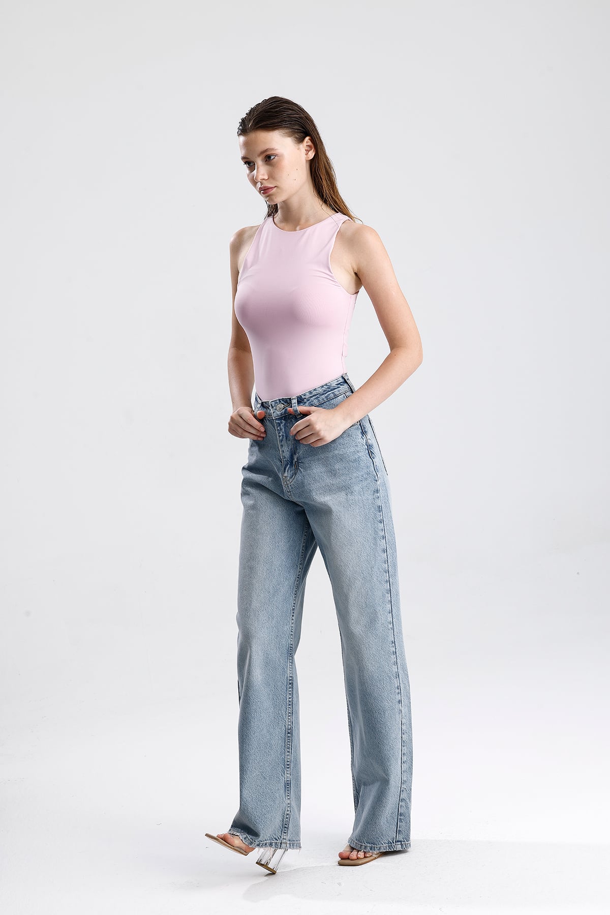 Yüksek Bel Bol Paça Denim Pantolon