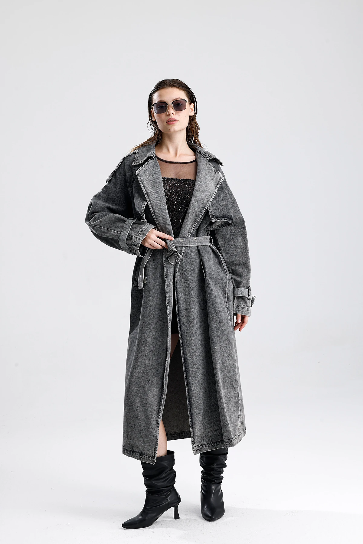 Oversize Kuşaklı Uzun Denim Trençkot