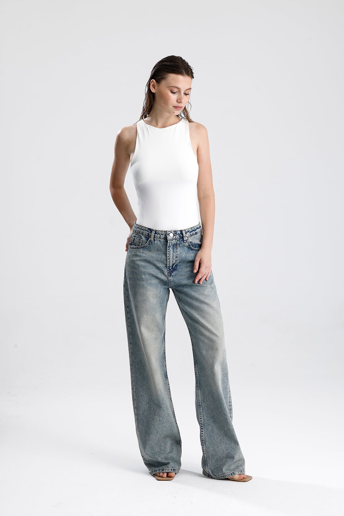 Kadın Geniş Paça Pamuk Denim Pantolon