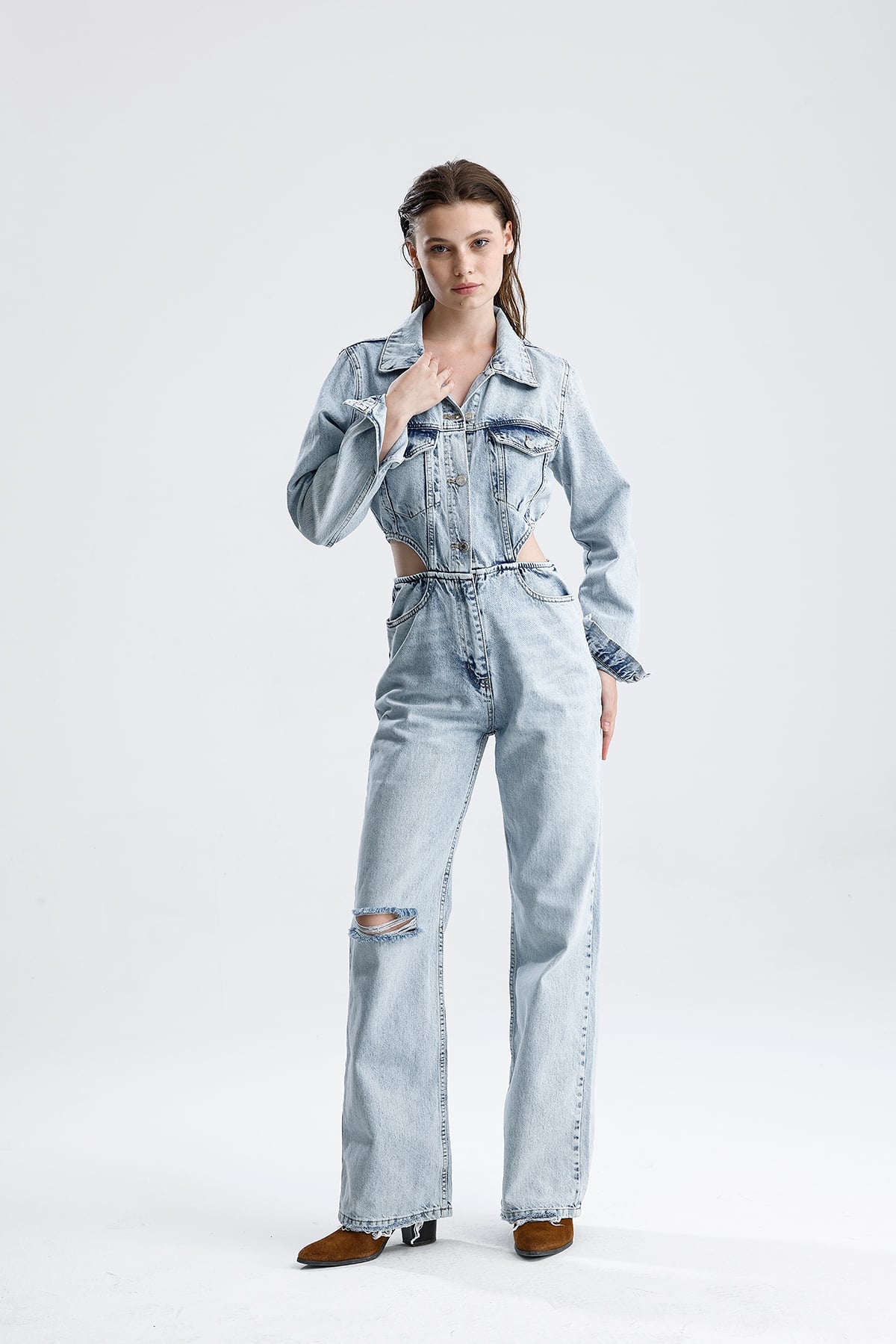 Kadın Bel Detaylı Geniş Paça Denim Tulum