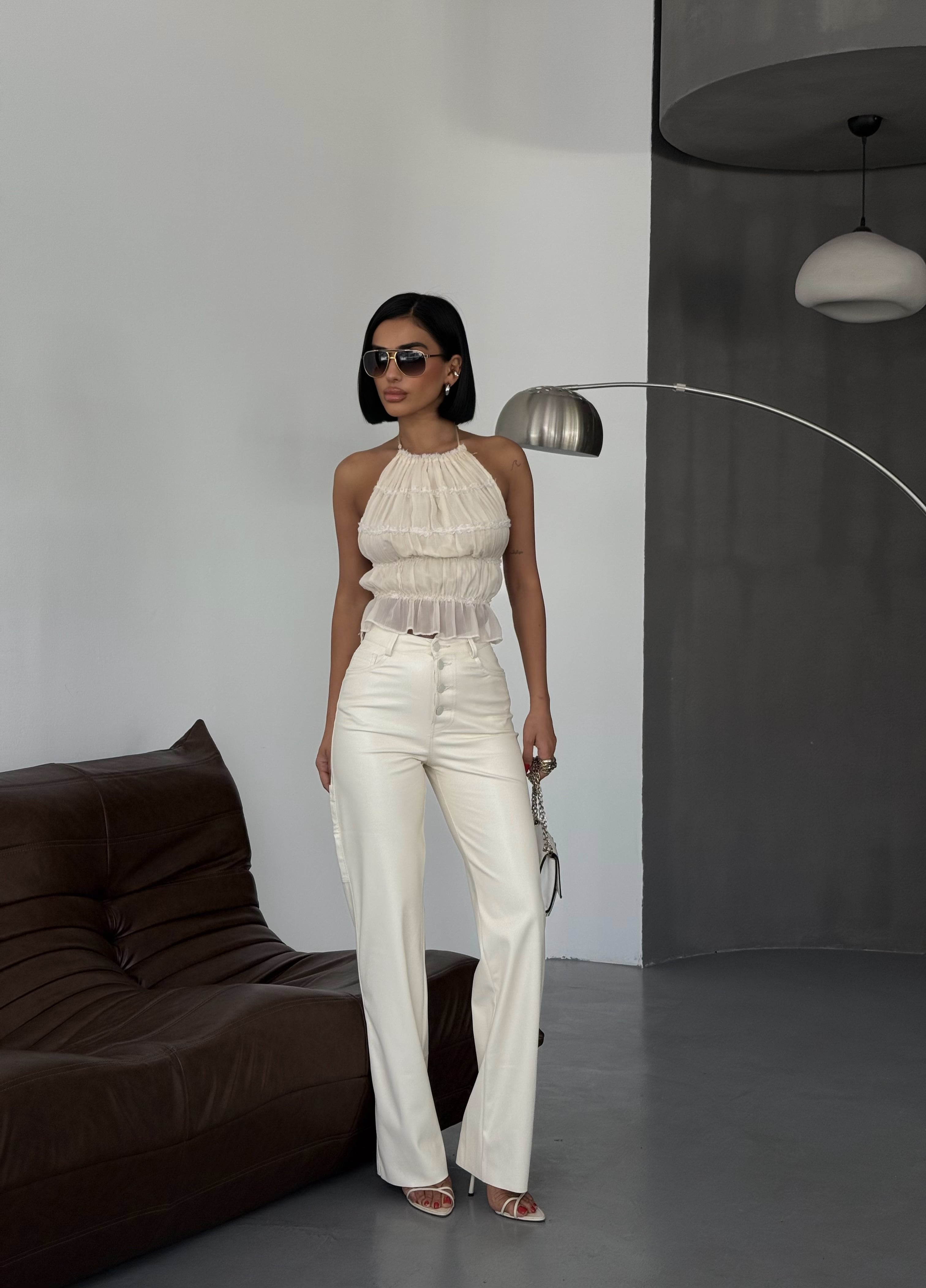 Yüksek Bel Düğme Detaylı Wide Leg Pantolon