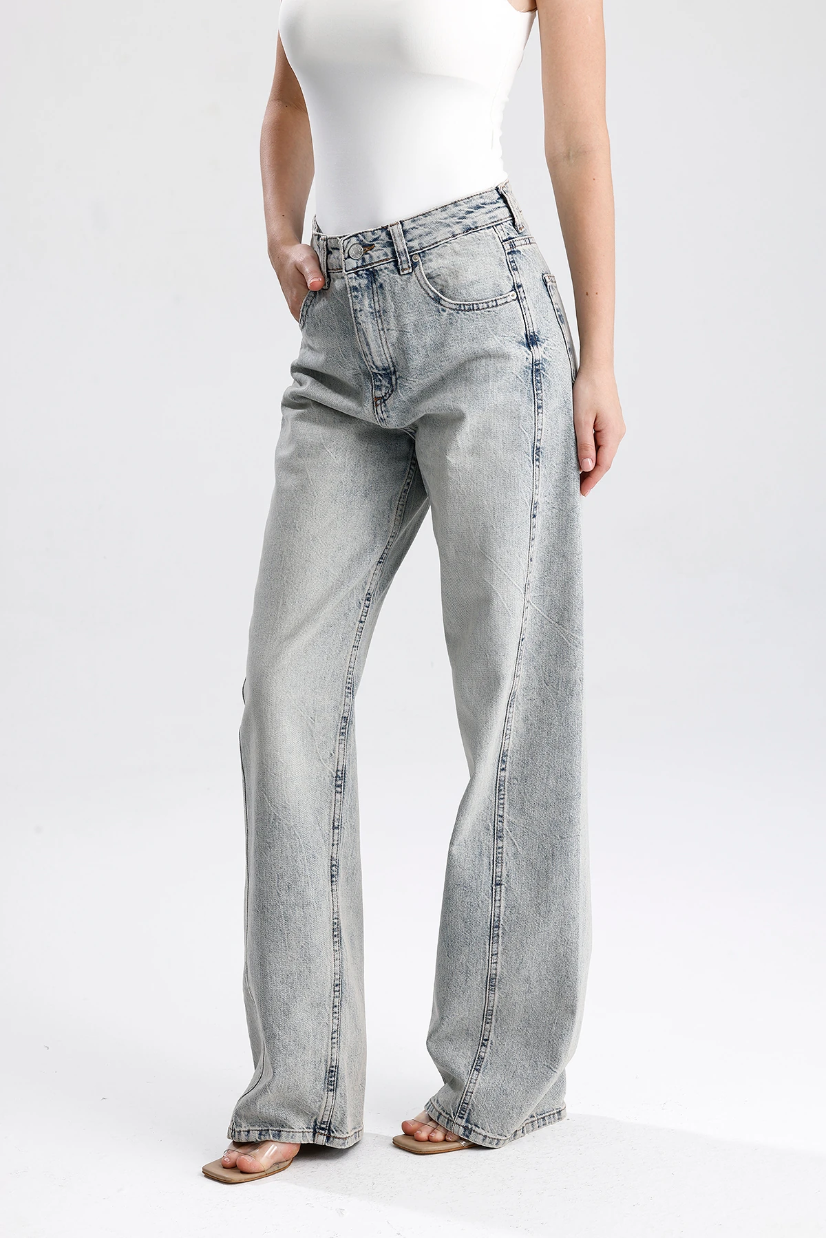 Kadın Geniş Paça Yüksek Bel Denim Pantolon