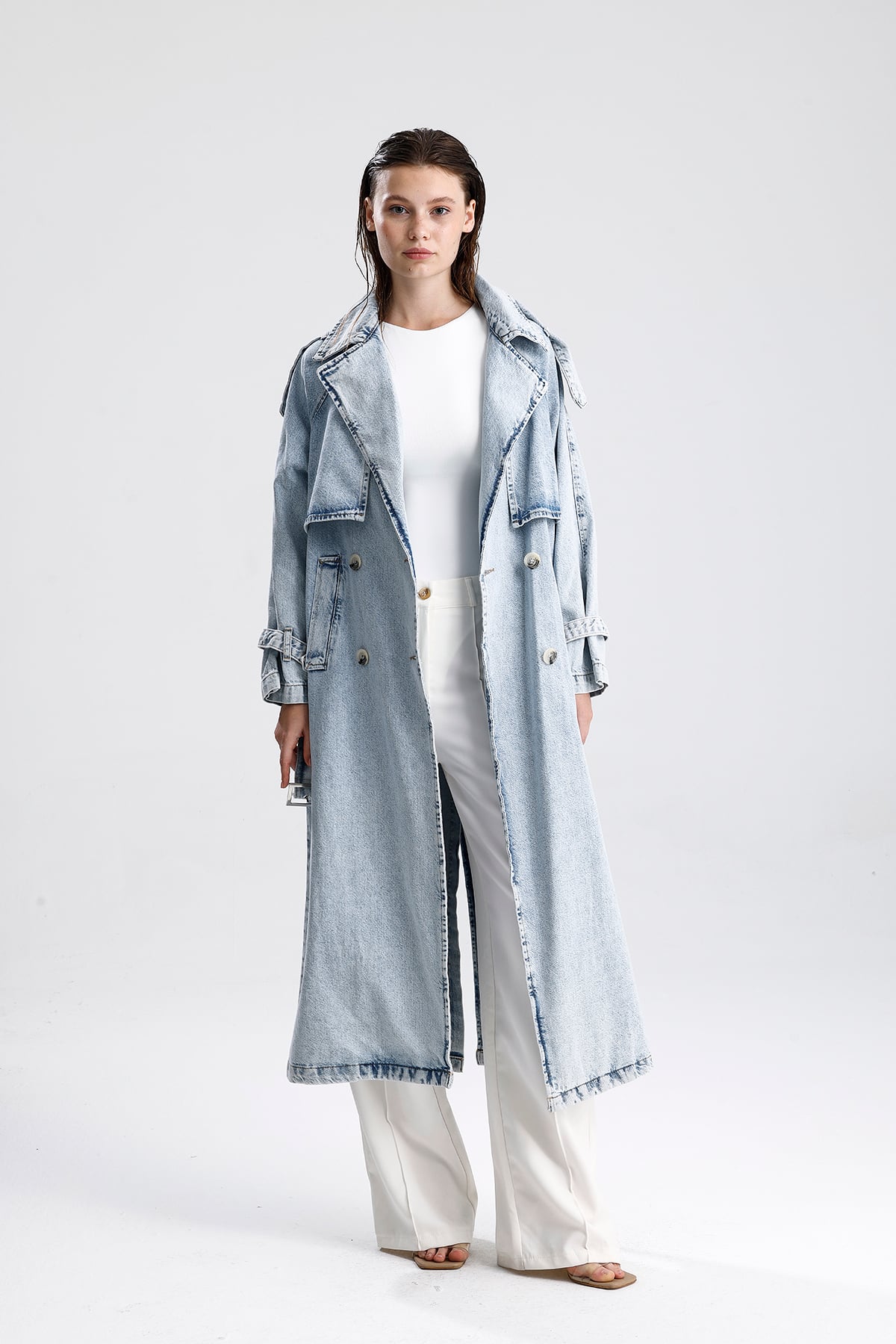 Oversize Kuşaklı Uzun Denim Trençkot