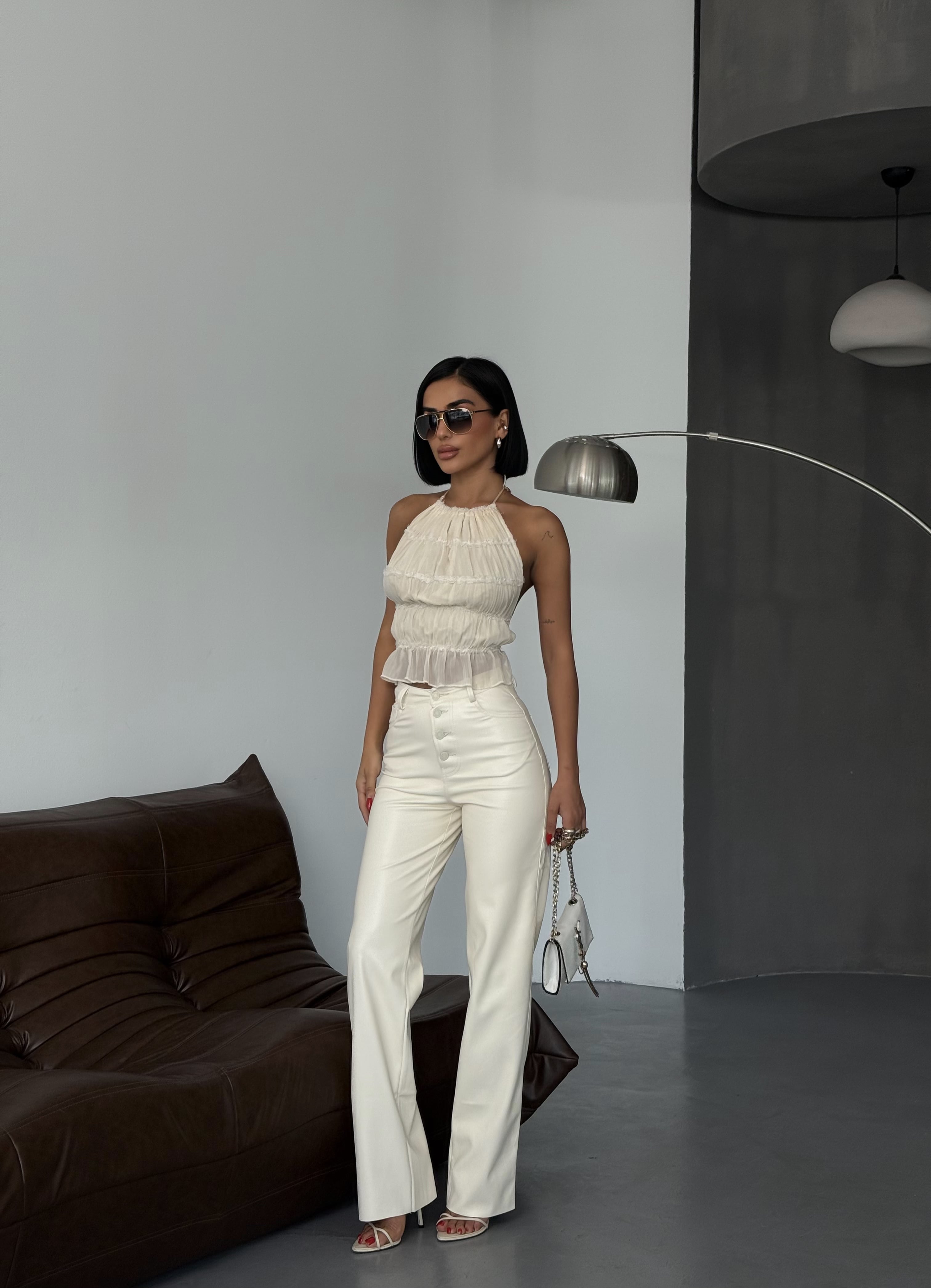 Yüksek Bel Düğme Detaylı Wide Leg Pantolon