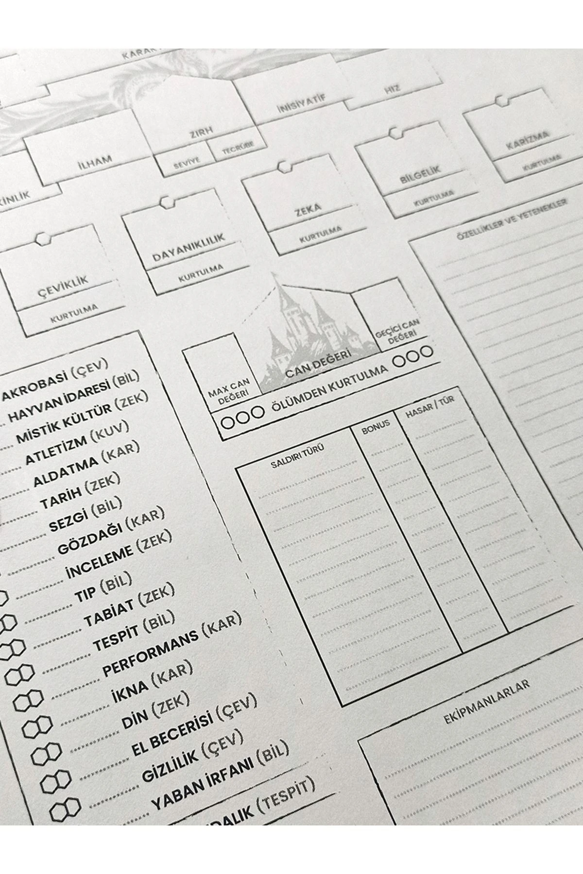 Dungeons and Dragons DND 5e Özel Tasarım Minimal Türkçe Karakter Kağıdı Seti – 3 Sayfa