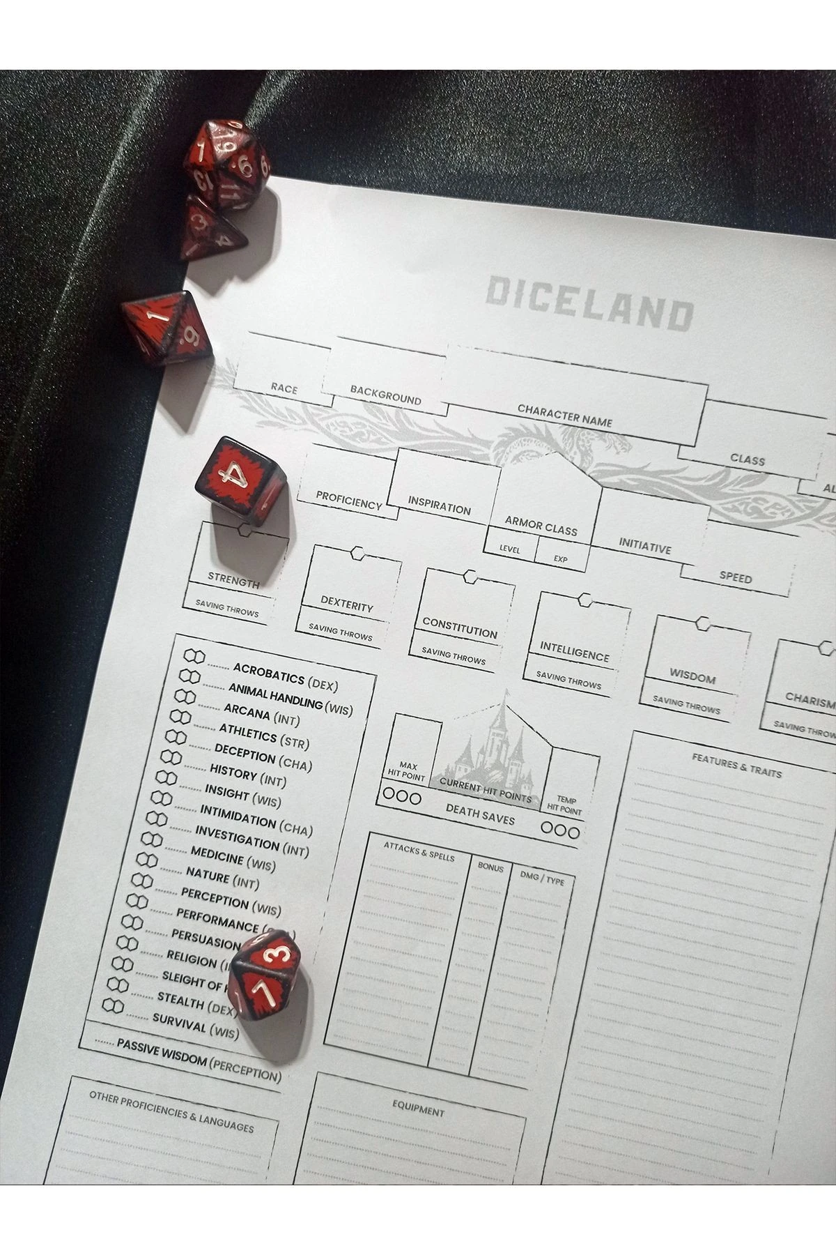 Dungeons and Dragons DND 5e Özel Tasarım Minimal İngilizce Karakter Kağıdı Seti – 3 Sayfa