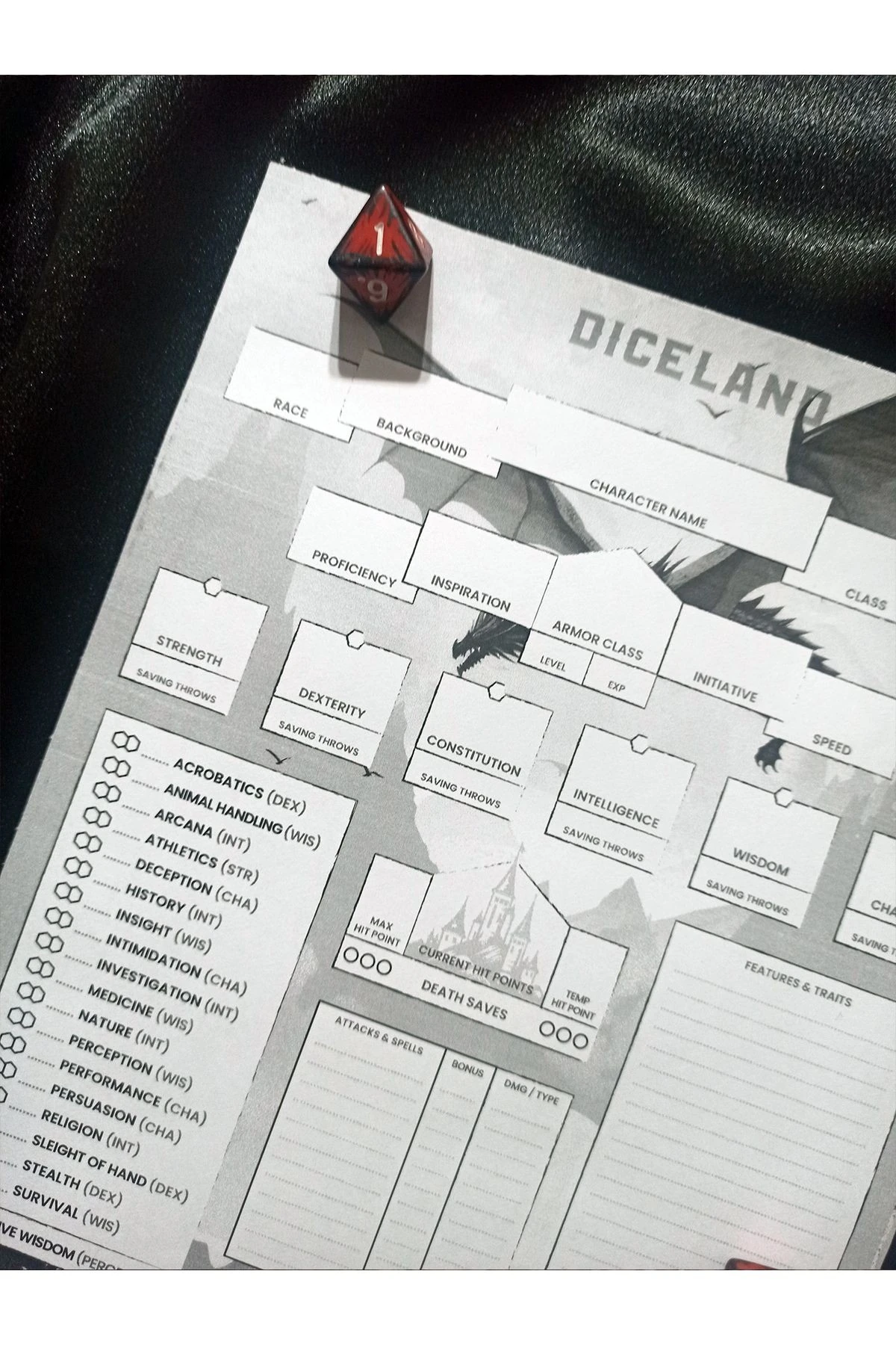 Dungeons and Dragons DND 5e Özel Tasarım Maksimal İngilizce Karakter Kağıdı Seti – 3 Sayfa