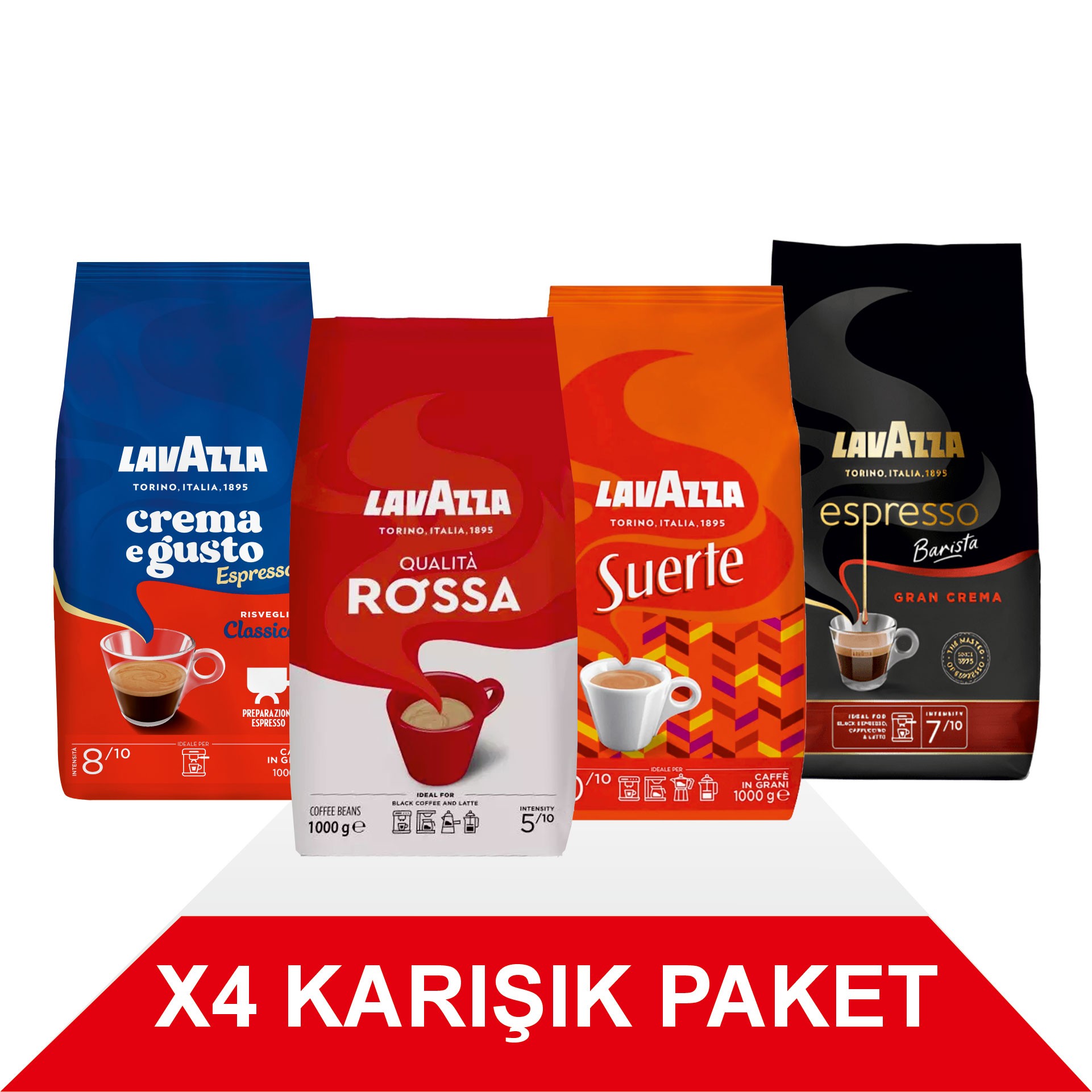 Crema e Gusto Classico + Qualità Rossa + Suerte + Espresso Barista Gran Crema Çekirdek Kahve (1000gr) 4'Lü Paket