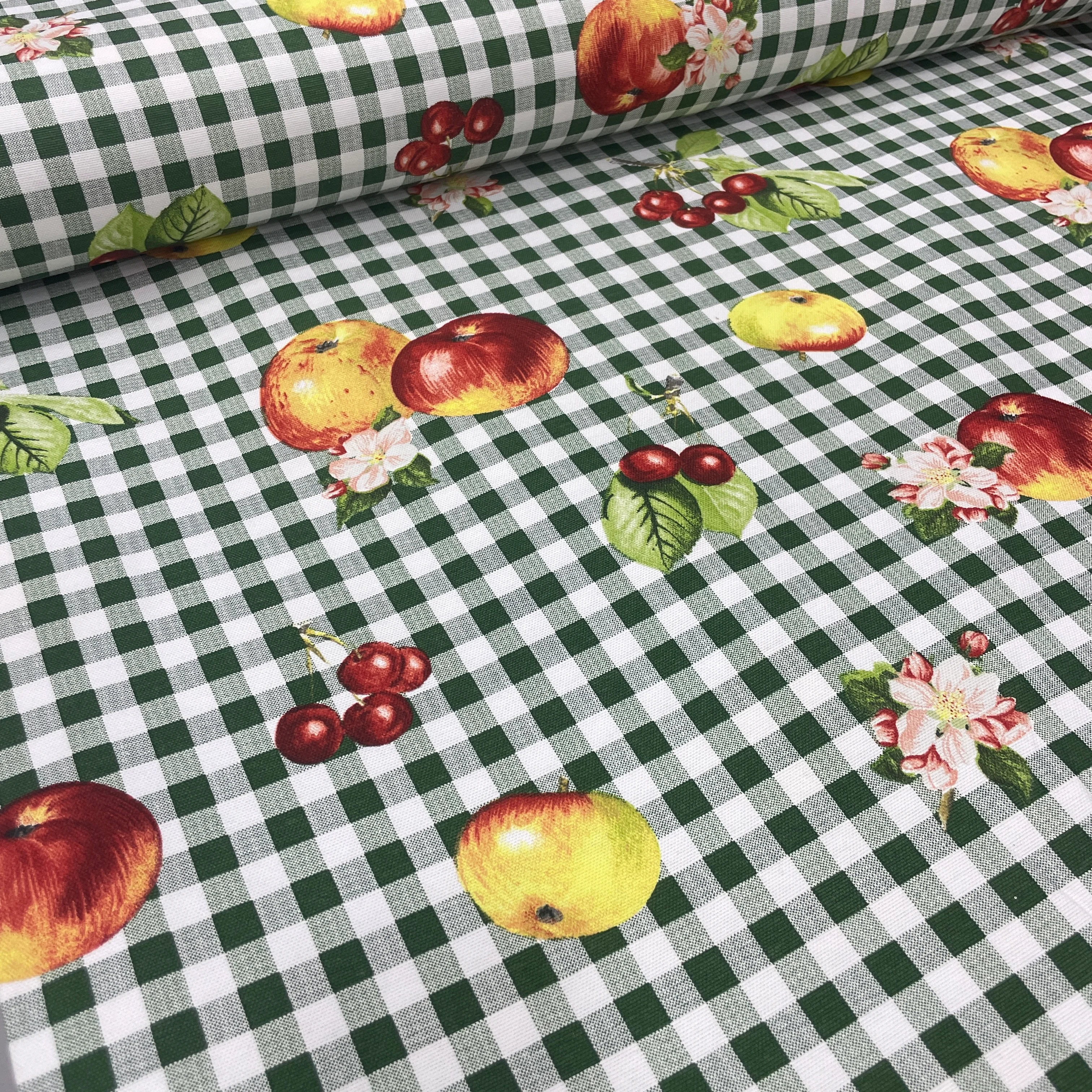 Ekose Meyvalar Duck Keten Kumaş – Döşemelik, Perdelik ve Masa Örtülük Kumaş - Yeşil