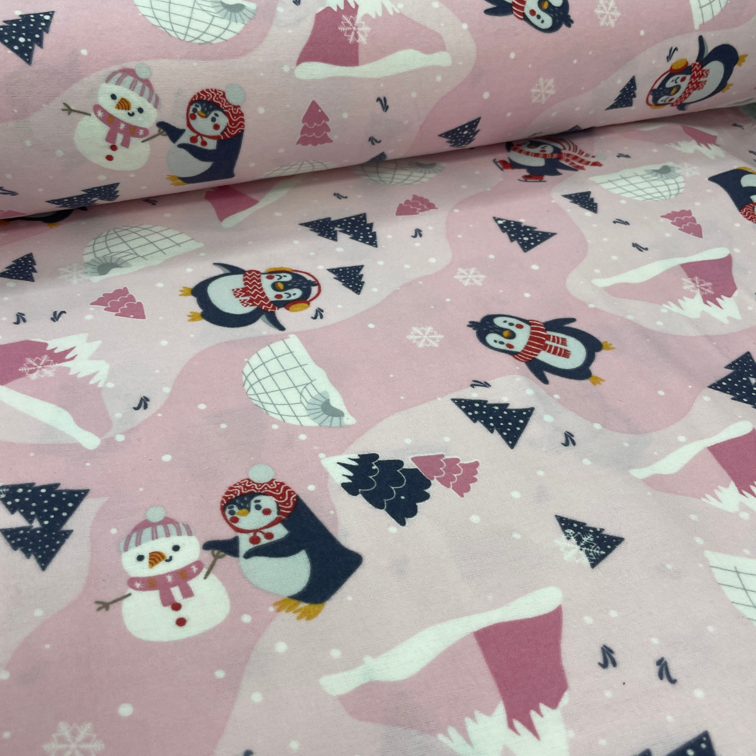 Penguen Desenli Nevresimlik ve Çarşaflık Pazen Kumaş - Pembe
