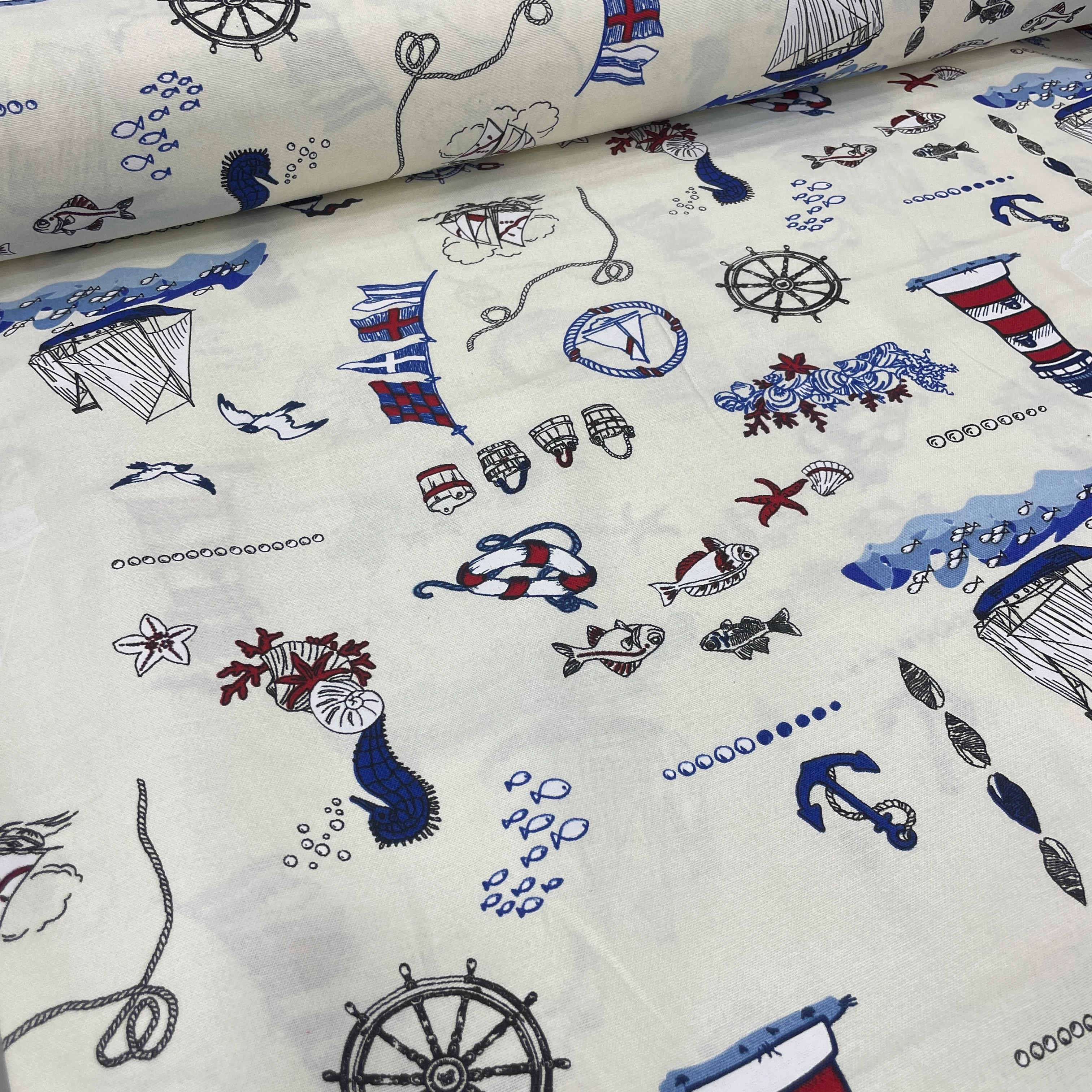 Marin Desenli Duck Keten Kumaş – Döşemelik, Perdelik ve Masa Örtülük Kumaş