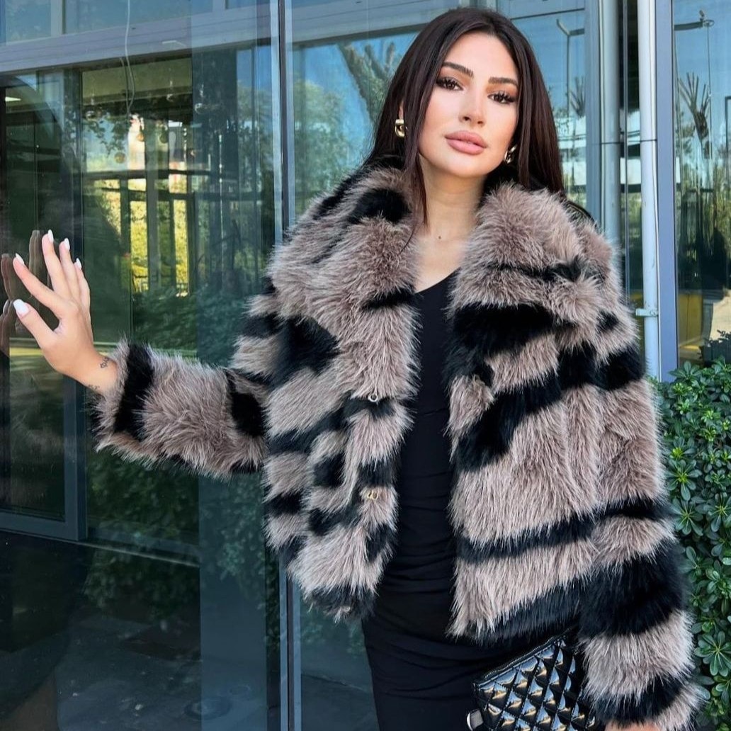 Zebra Desenli Lolita Uzun Tüylü Peluş, Yelek - Kaban - Ceket