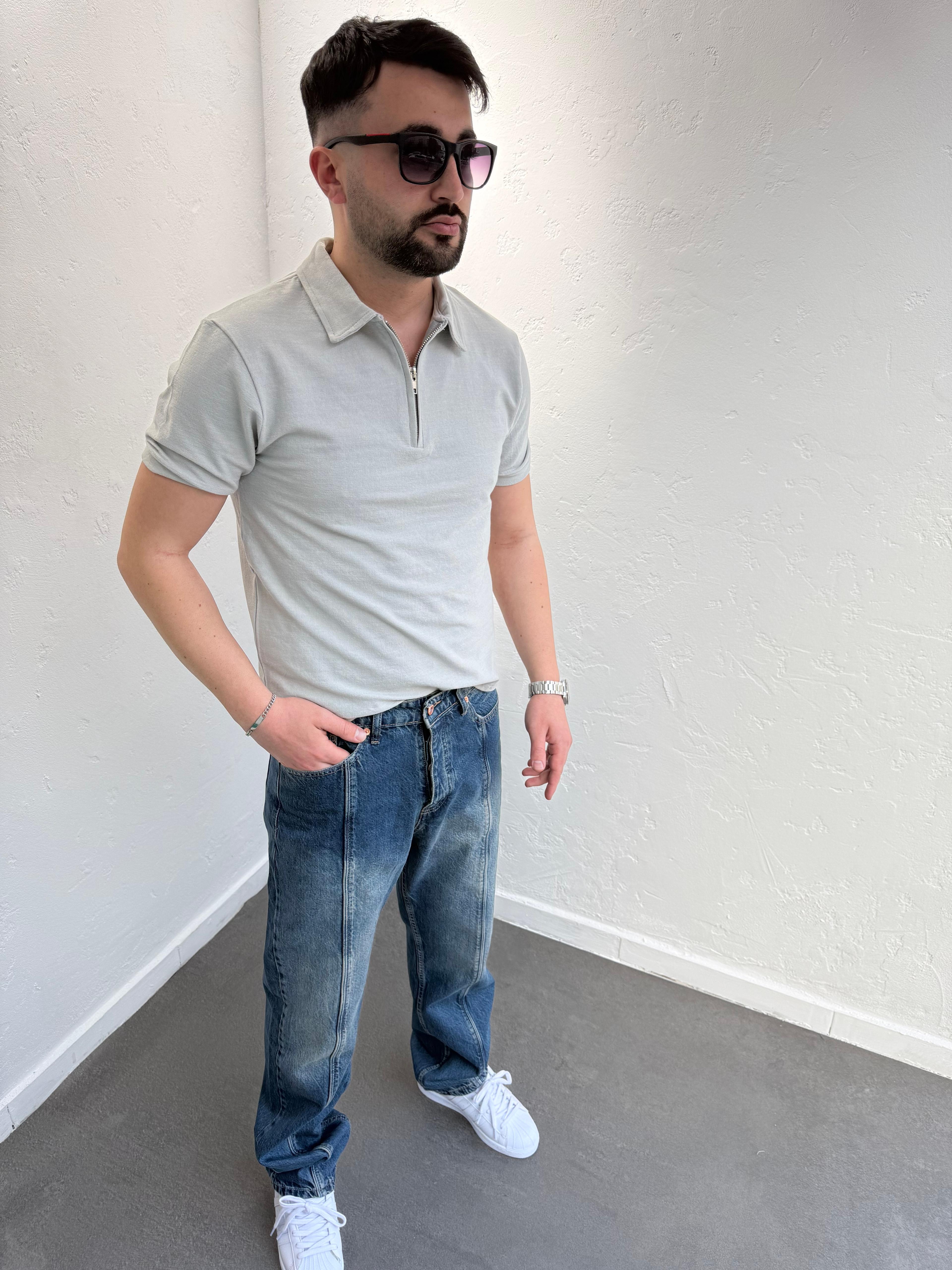 Lenasso Keten Polo Yaka Tshirt gri
