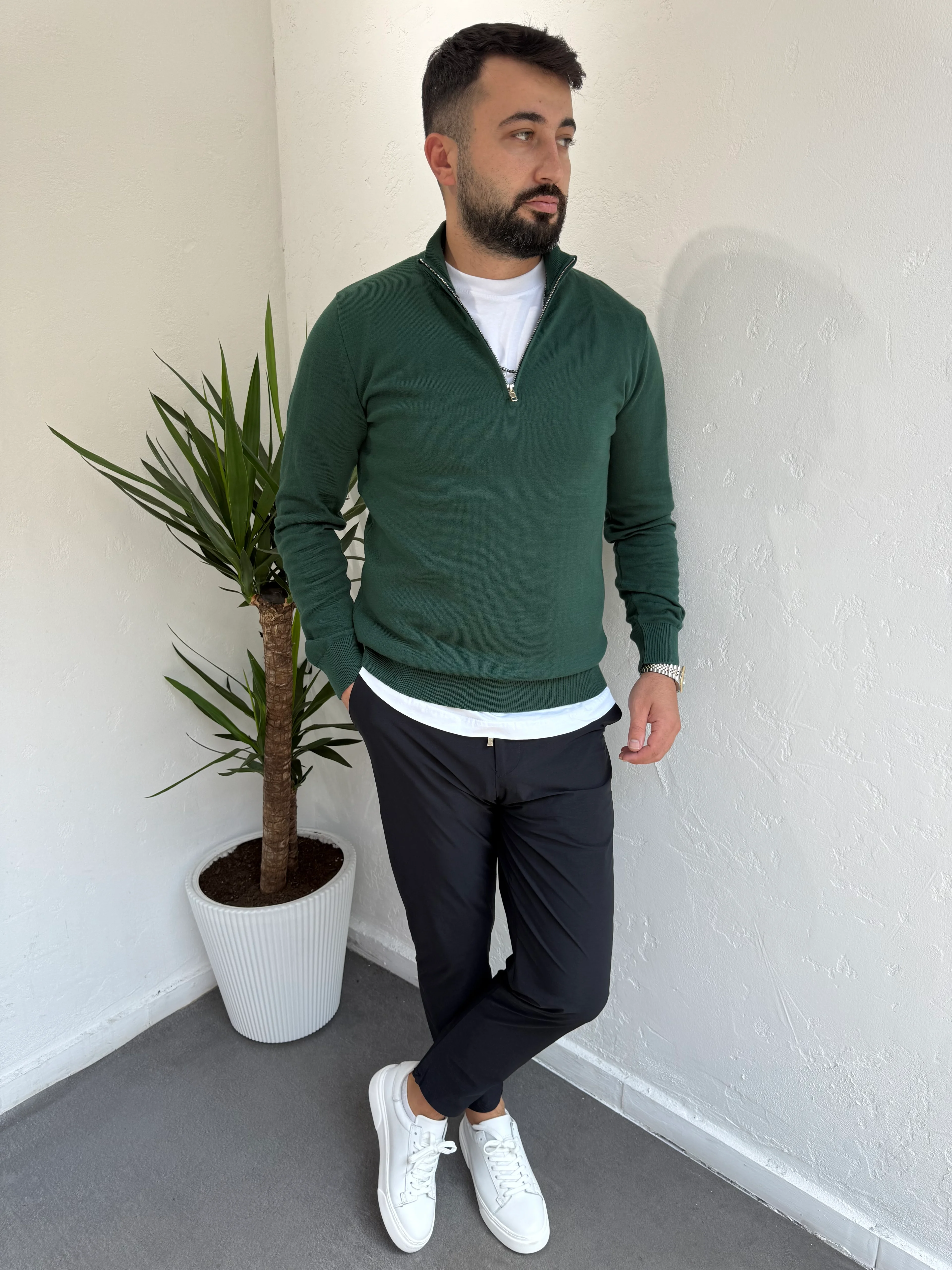   Fermuarlı Yaka Triko Kazak Yeşil