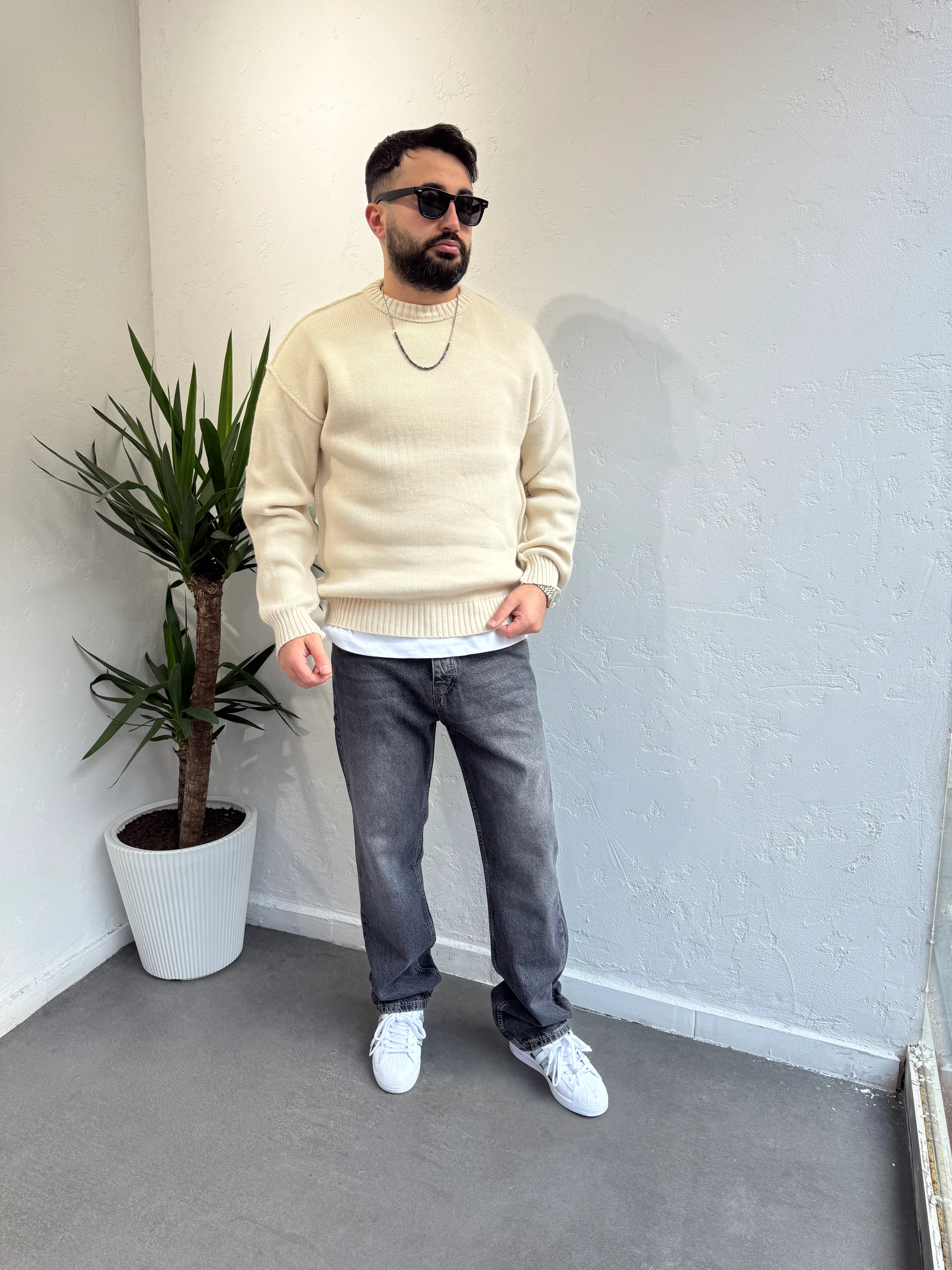 Oversize Triko Kazak Krem