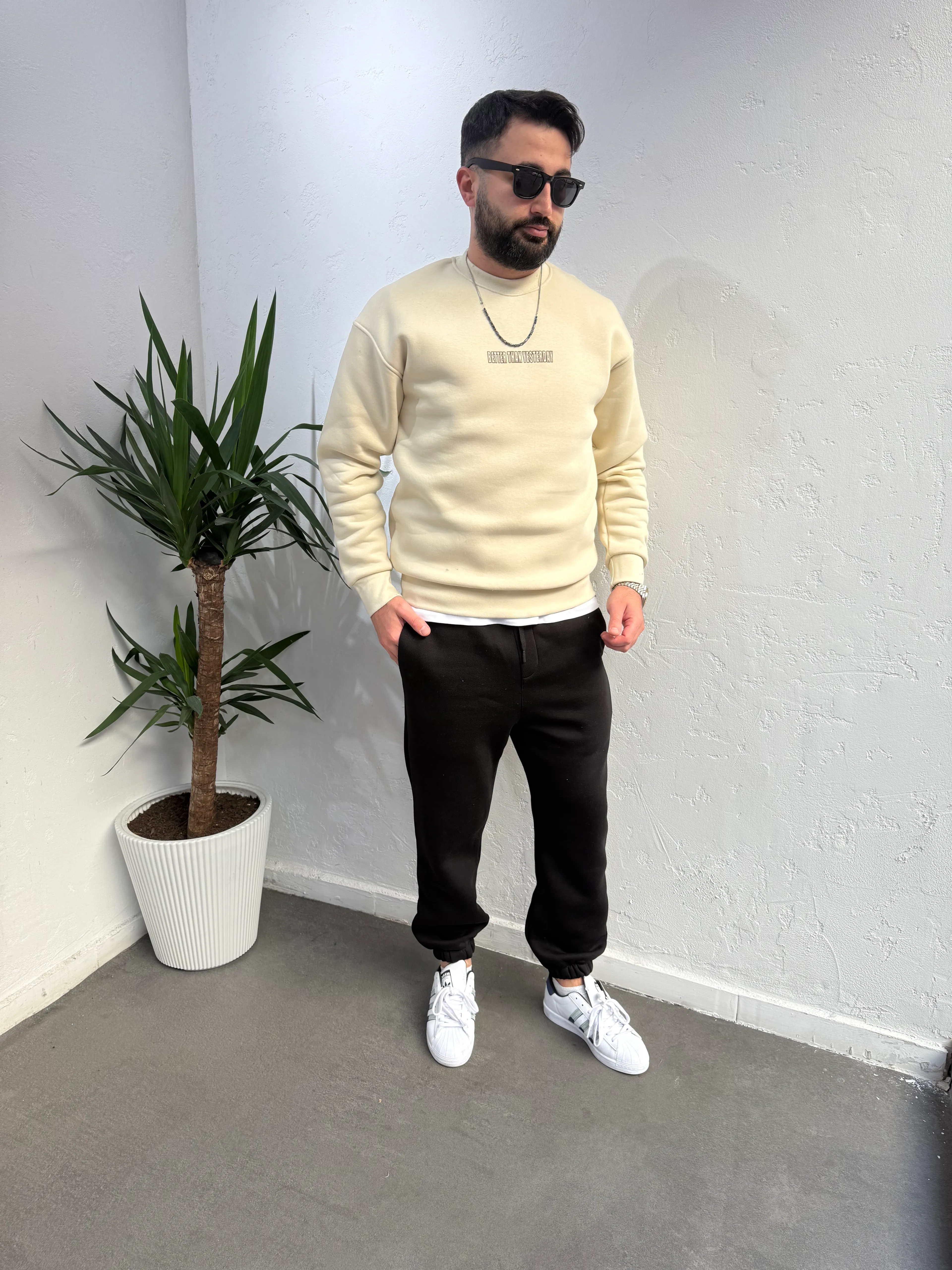 Deep Ön Arka Baskılı Sweatshirt Krem