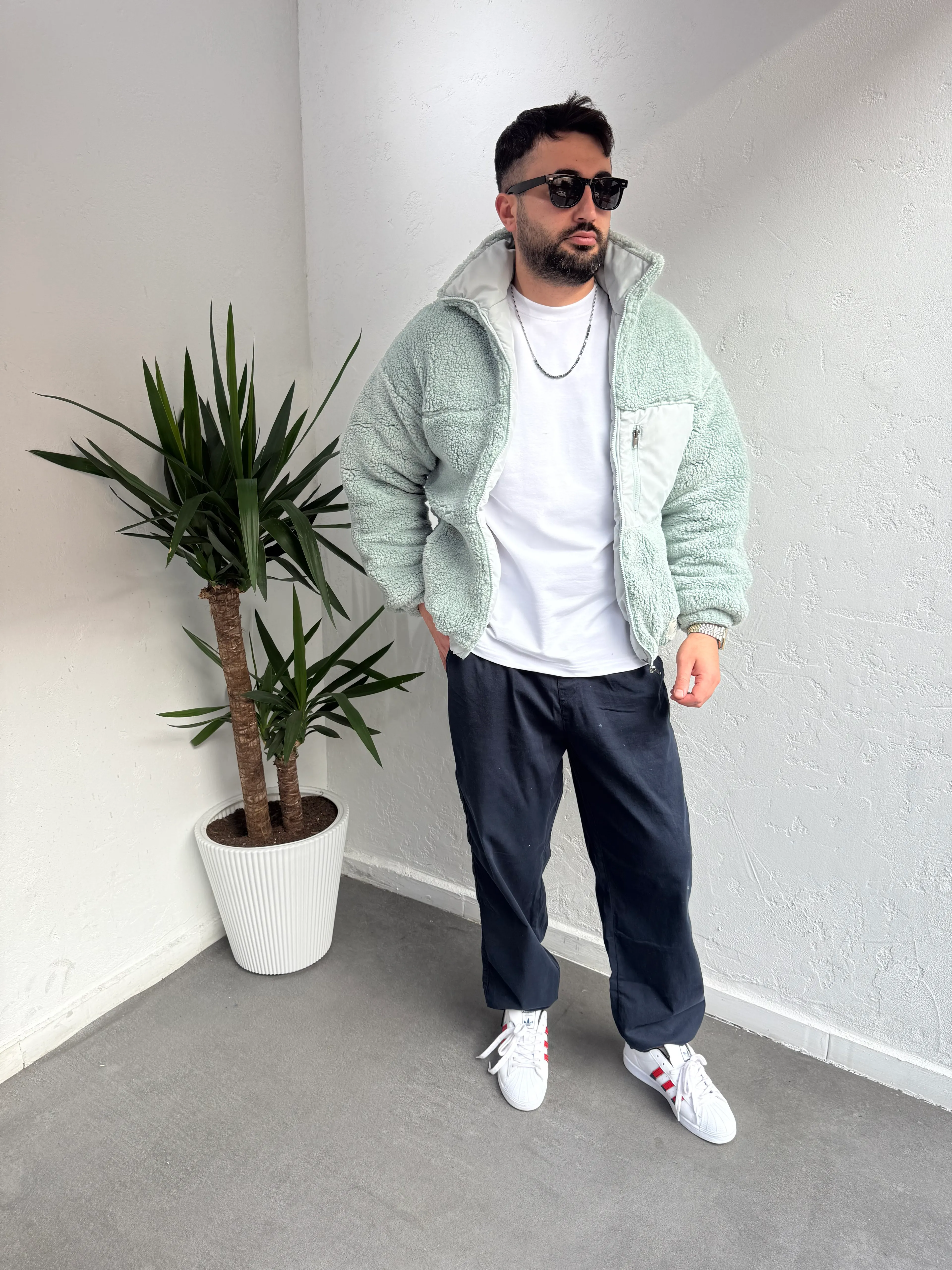 Premuim Paraşüt Cep Detaylı Peluş Mont Su Yeşili