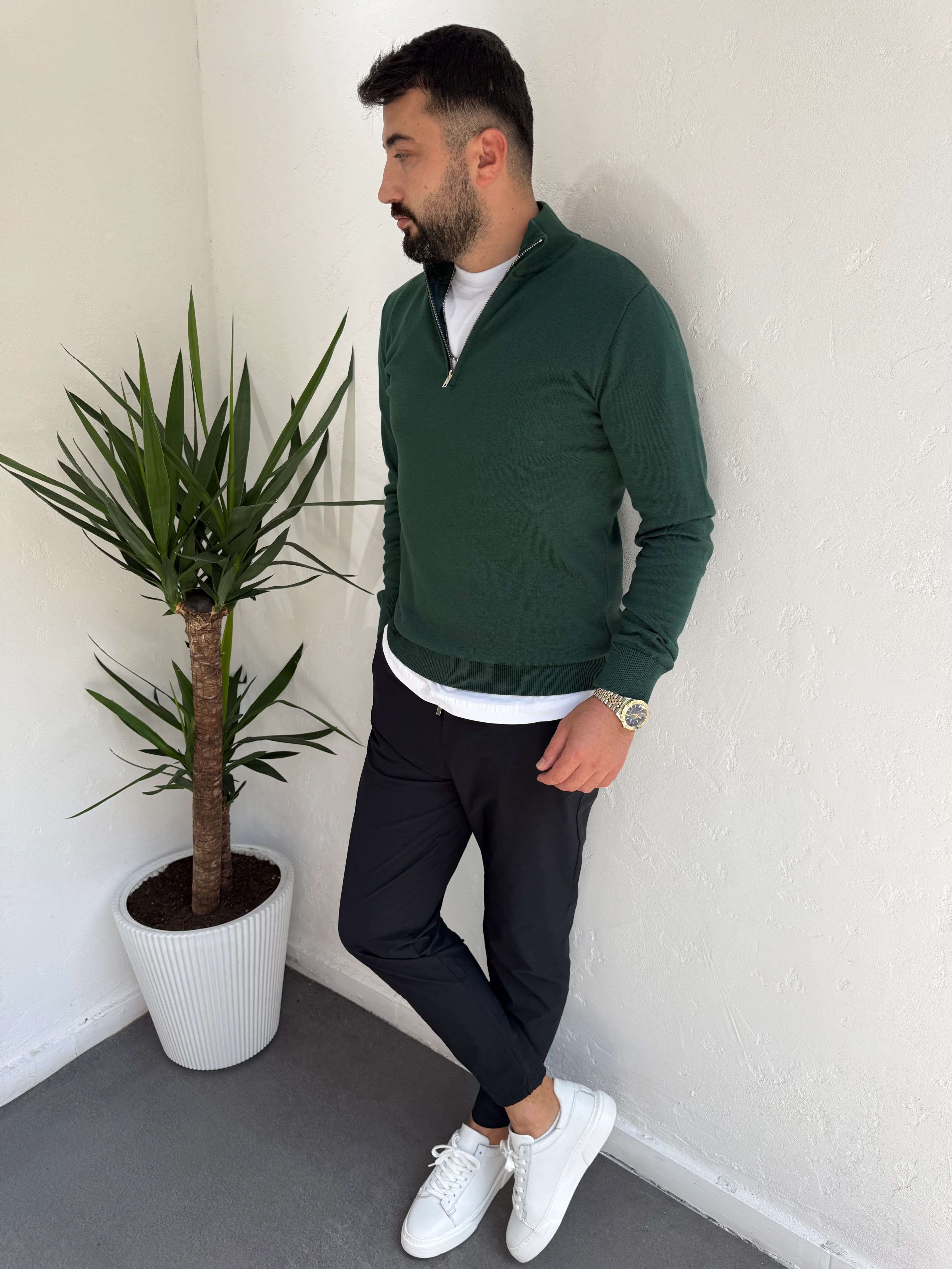   Fermuarlı Yaka Triko Kazak Yeşil