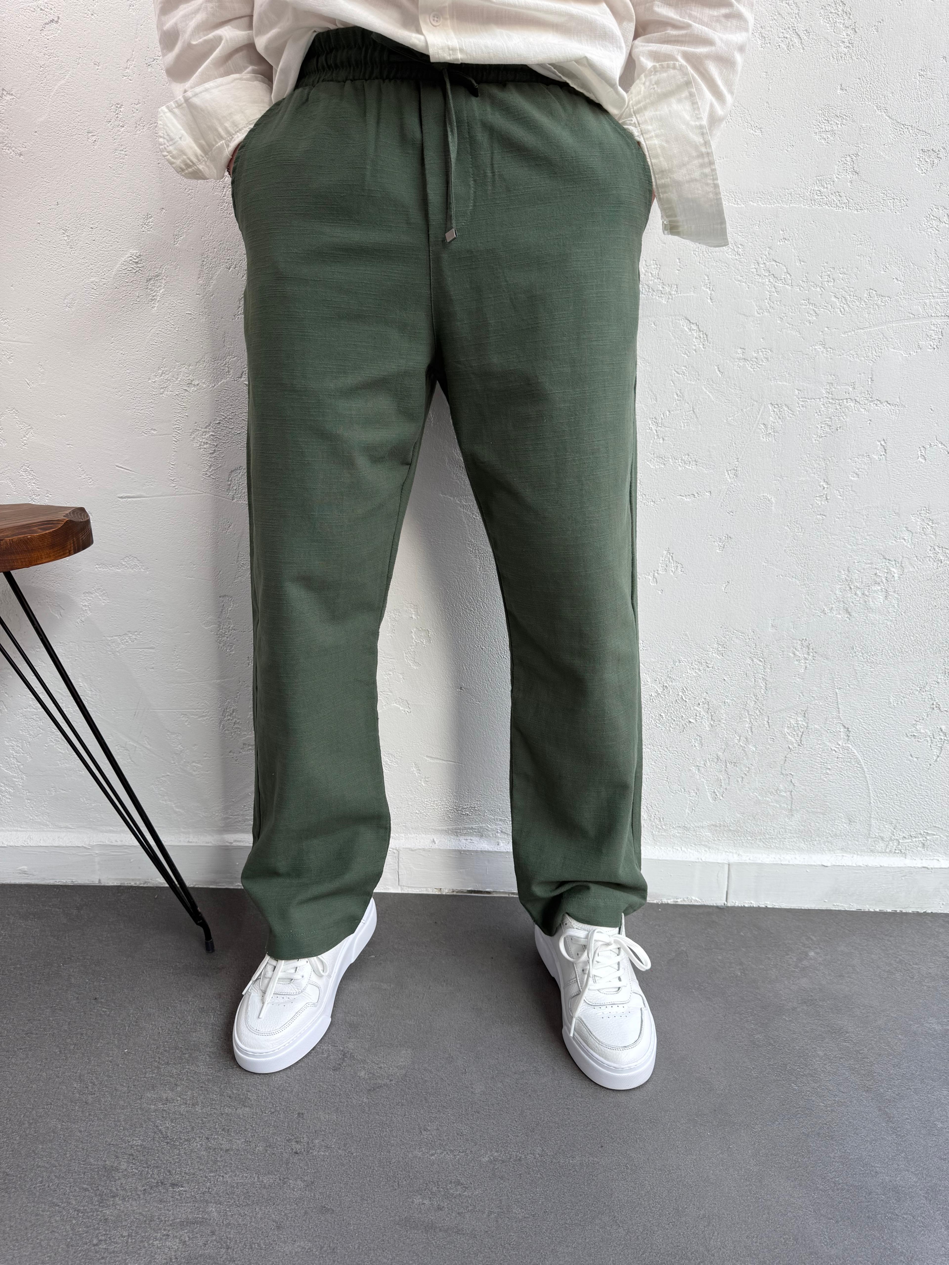 Lenasso Keten Baggy Pantolon Haki