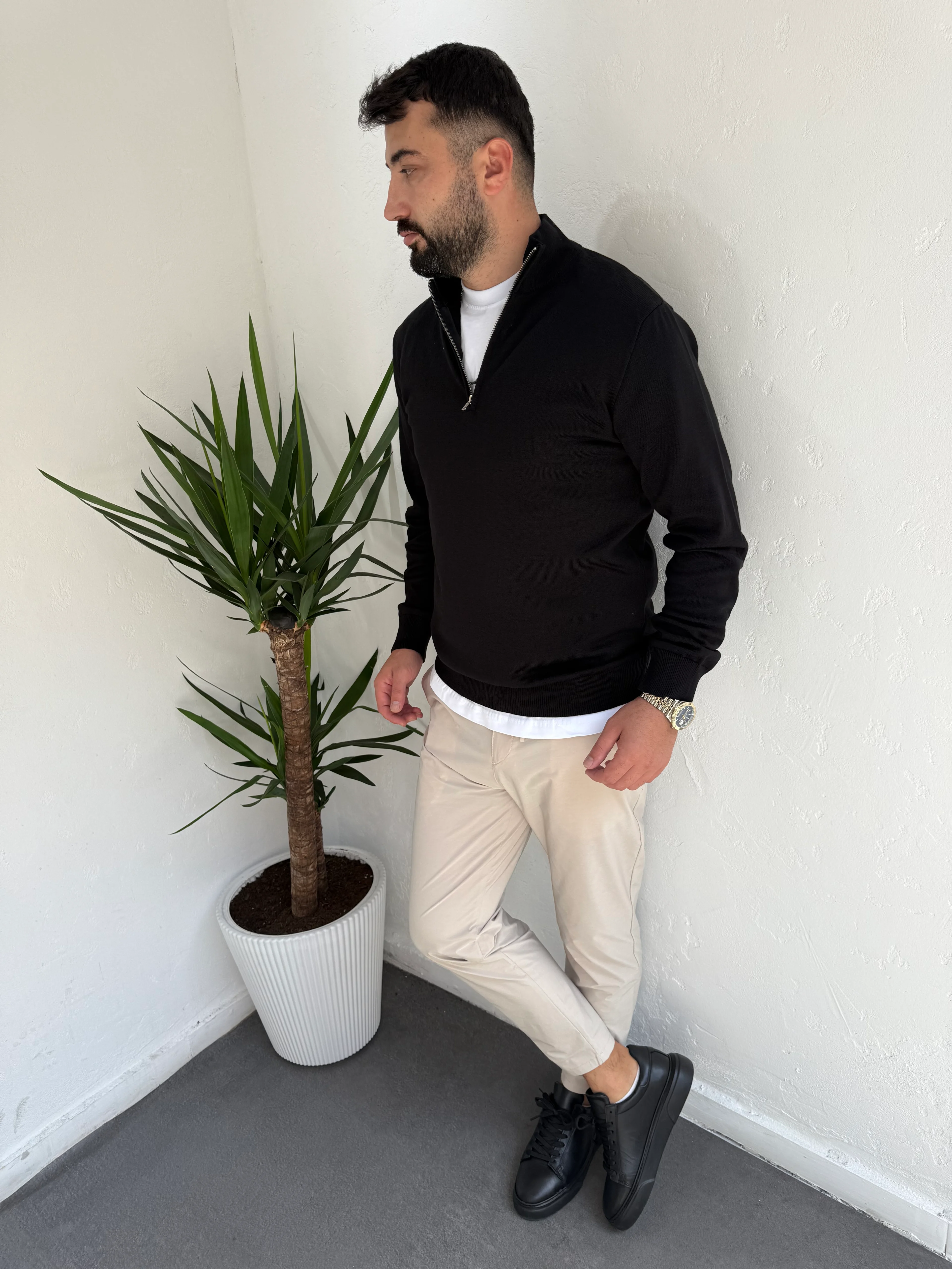 Fermuarlı Yaka Triko Kazak Siyah